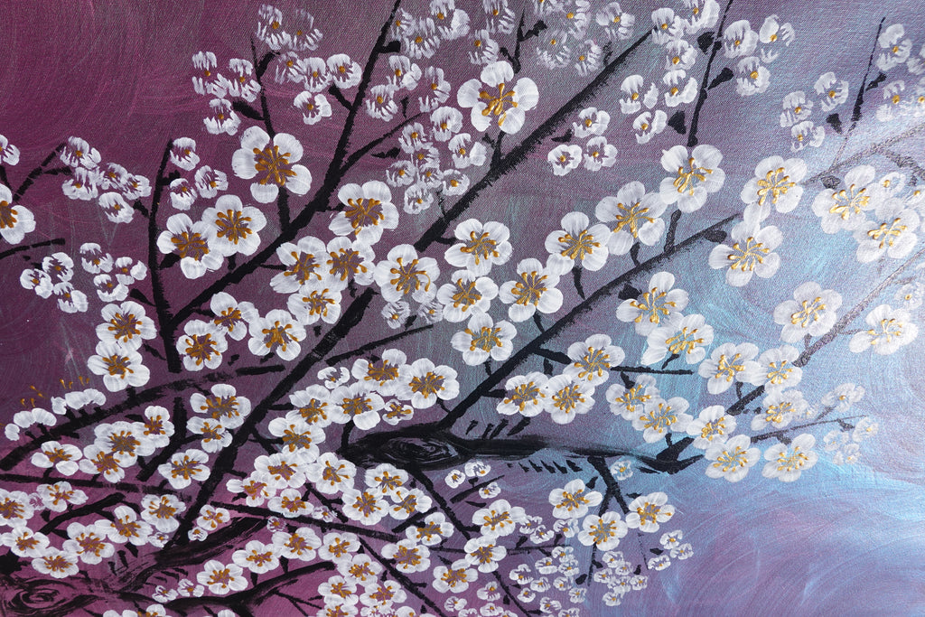 Crane and Sakura J504 — purple pearlescent Japanese Painting | Large Acrylic on Canvas | Ksavera
