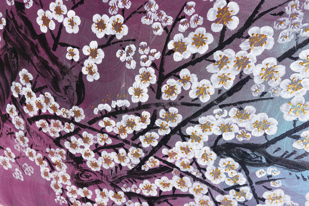 Crane and Sakura J504 — purple pearlescent Japanese Painting | Large Acrylic on Canvas | Ksavera
