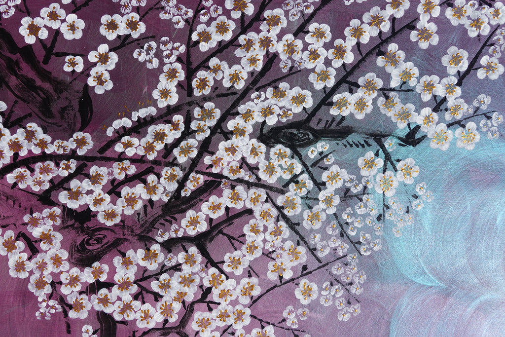 Crane and Sakura J504 — purple pearlescent Japanese Painting | Large Acrylic on Canvas | Ksavera