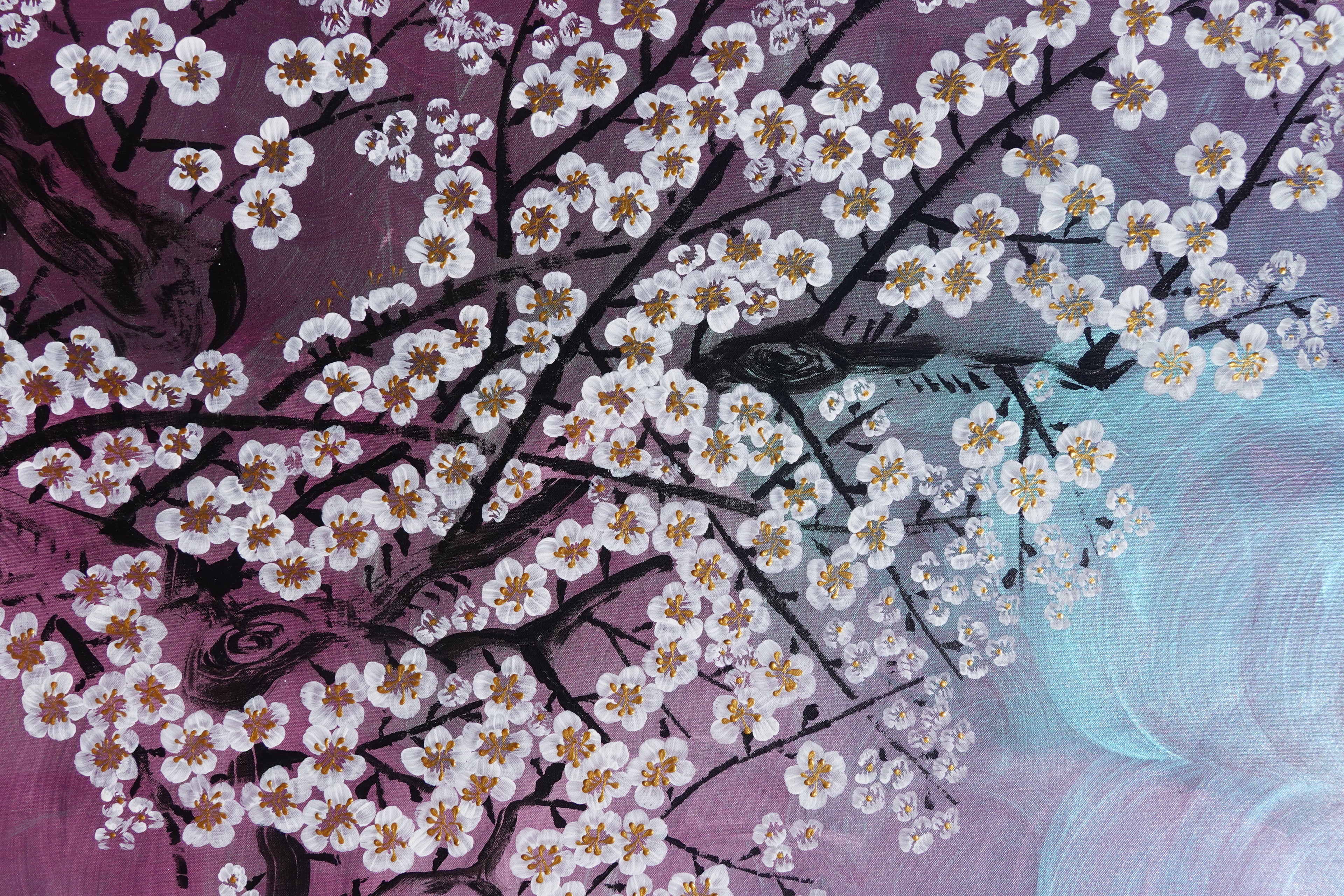 Crane and Sakura J504 — purple pearlescent Japanese Painting | Large Acrylic on Canvas | Ksavera