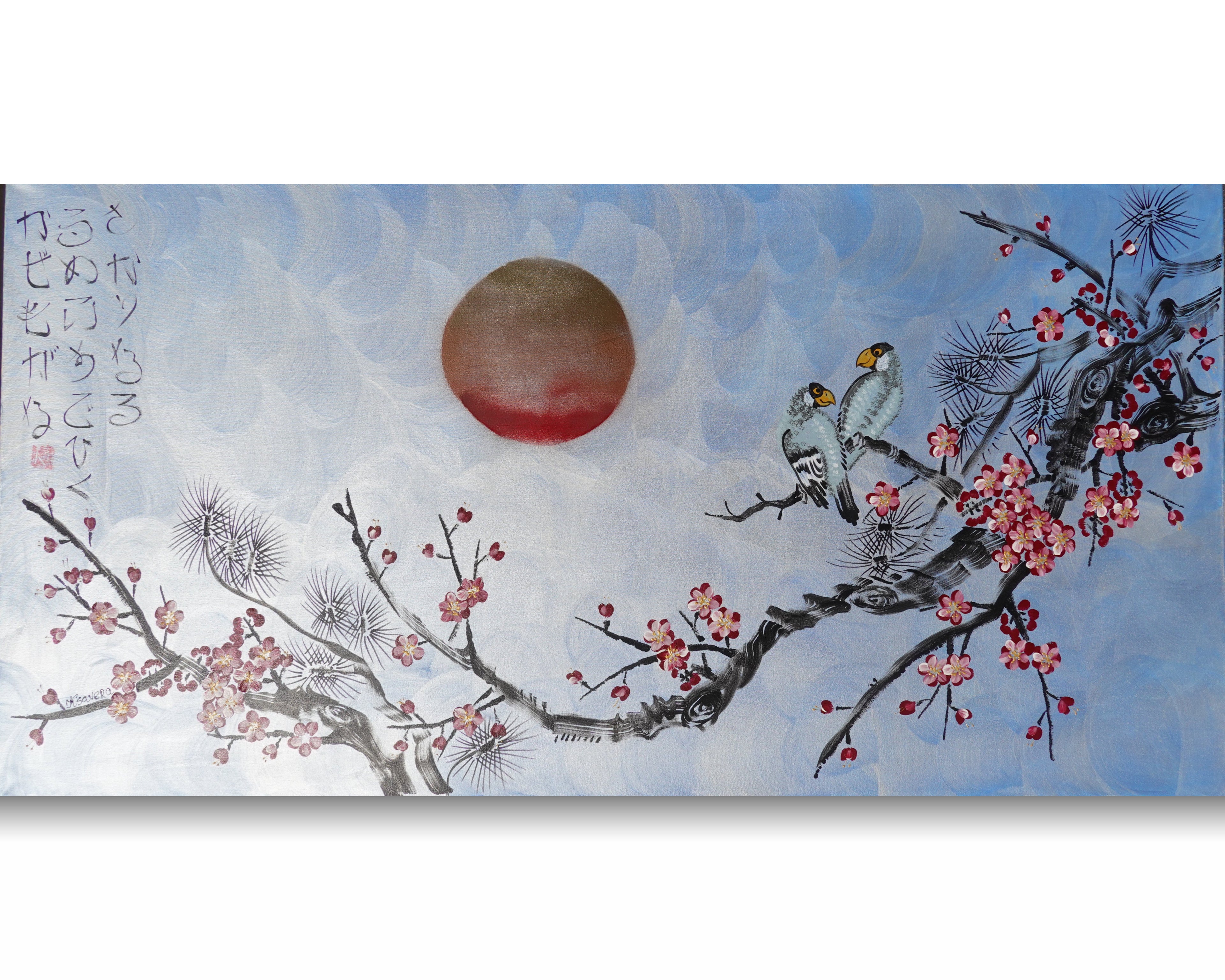 Love Birds and Sakura J505 — pearl blue Japanese Painting | Large Acrylic on Canvas | Ksavera