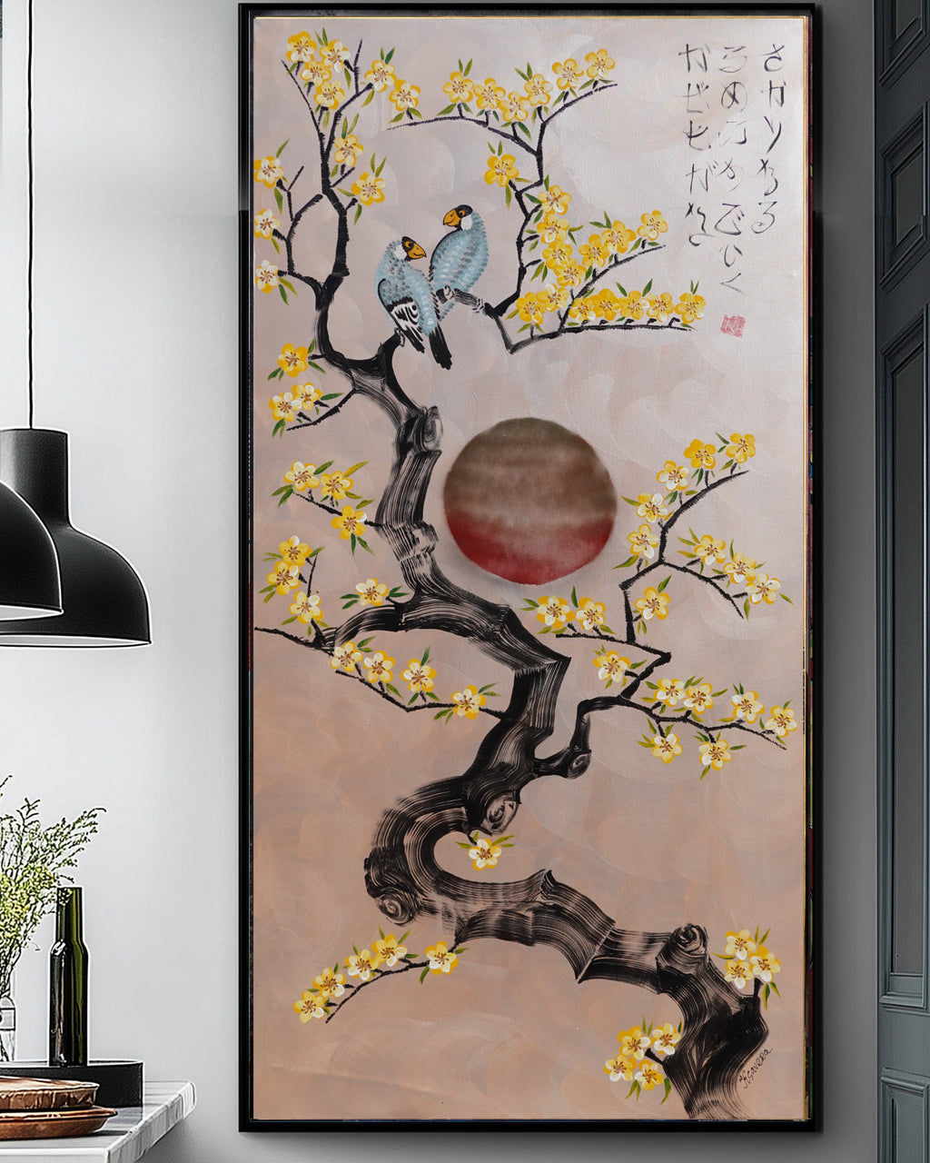 Love Birds and Sakura J507 — pearl peach Japanese Painting | Large Acrylic on Canvas | Ksavera