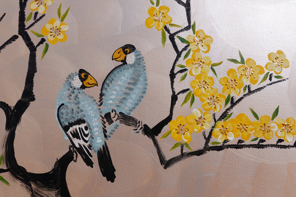 Love Birds and Sakura J507 — pearl peach Japanese Painting | Large Acrylic on Canvas | Ksavera