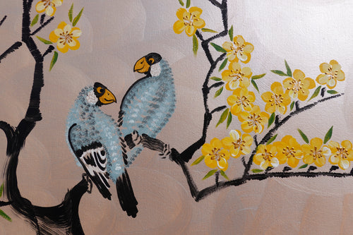 Love Birds and Sakura J507 — pearl peach Japanese Painting | Large Acrylic on Canvas | Ksavera