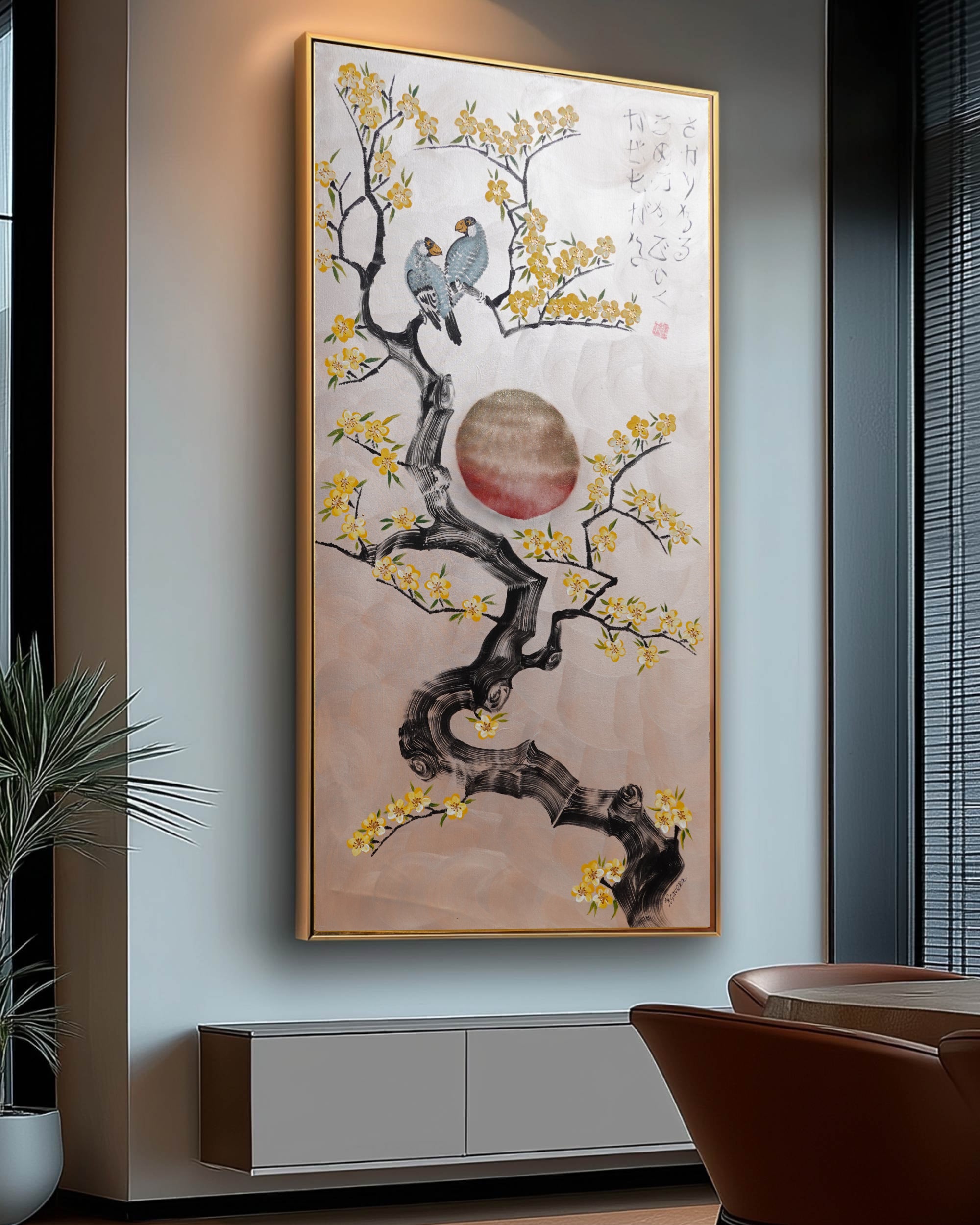 Love Birds and Sakura J507 — pearl peach Japanese Painting | Large Acrylic on Canvas | Ksavera