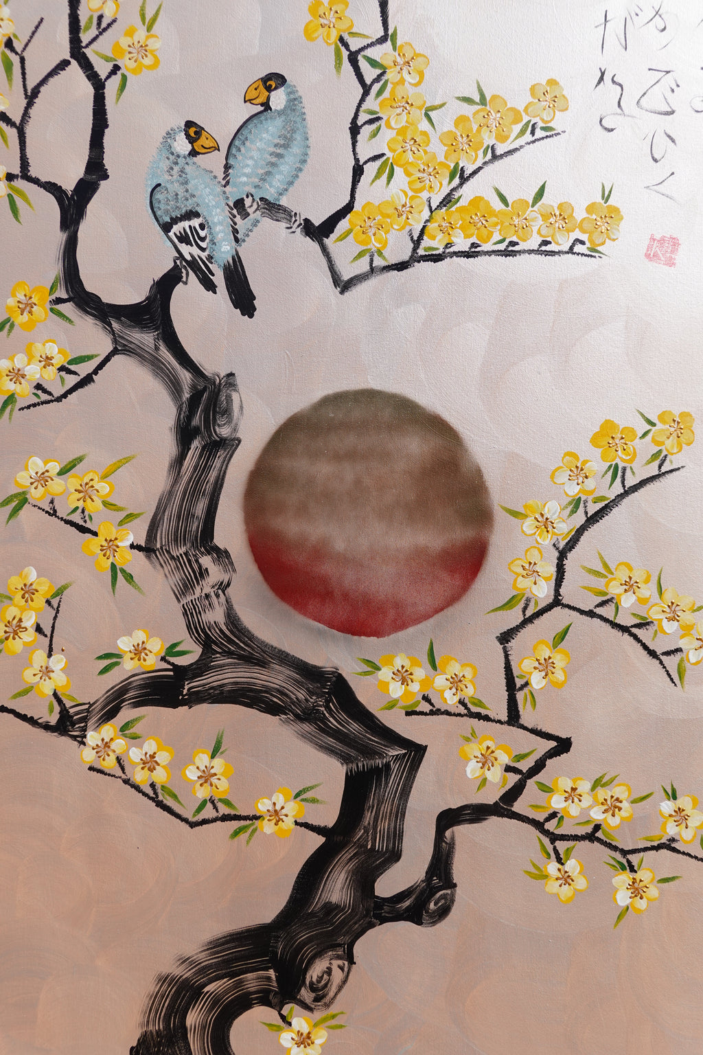 Love Birds and Sakura J507 — pearl peach Japanese Painting | Large Acrylic on Canvas | Ksavera