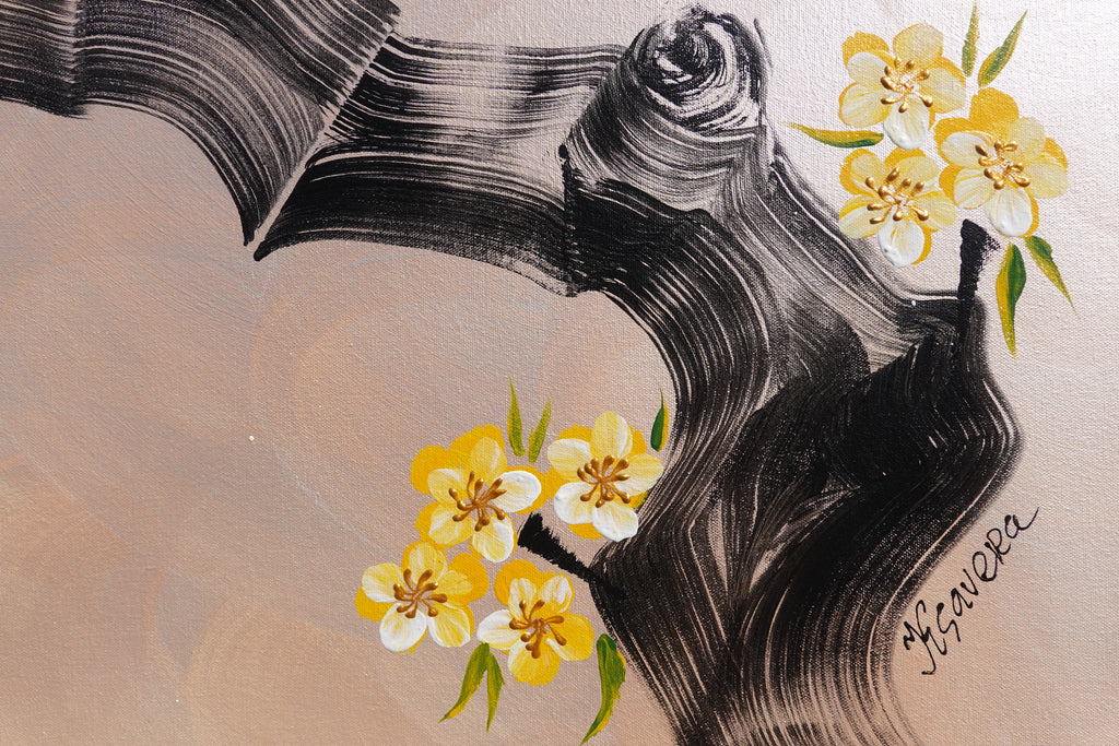 Love Birds and Sakura J507 — pearl peach Japanese Painting | Large Acrylic on Canvas | Ksavera