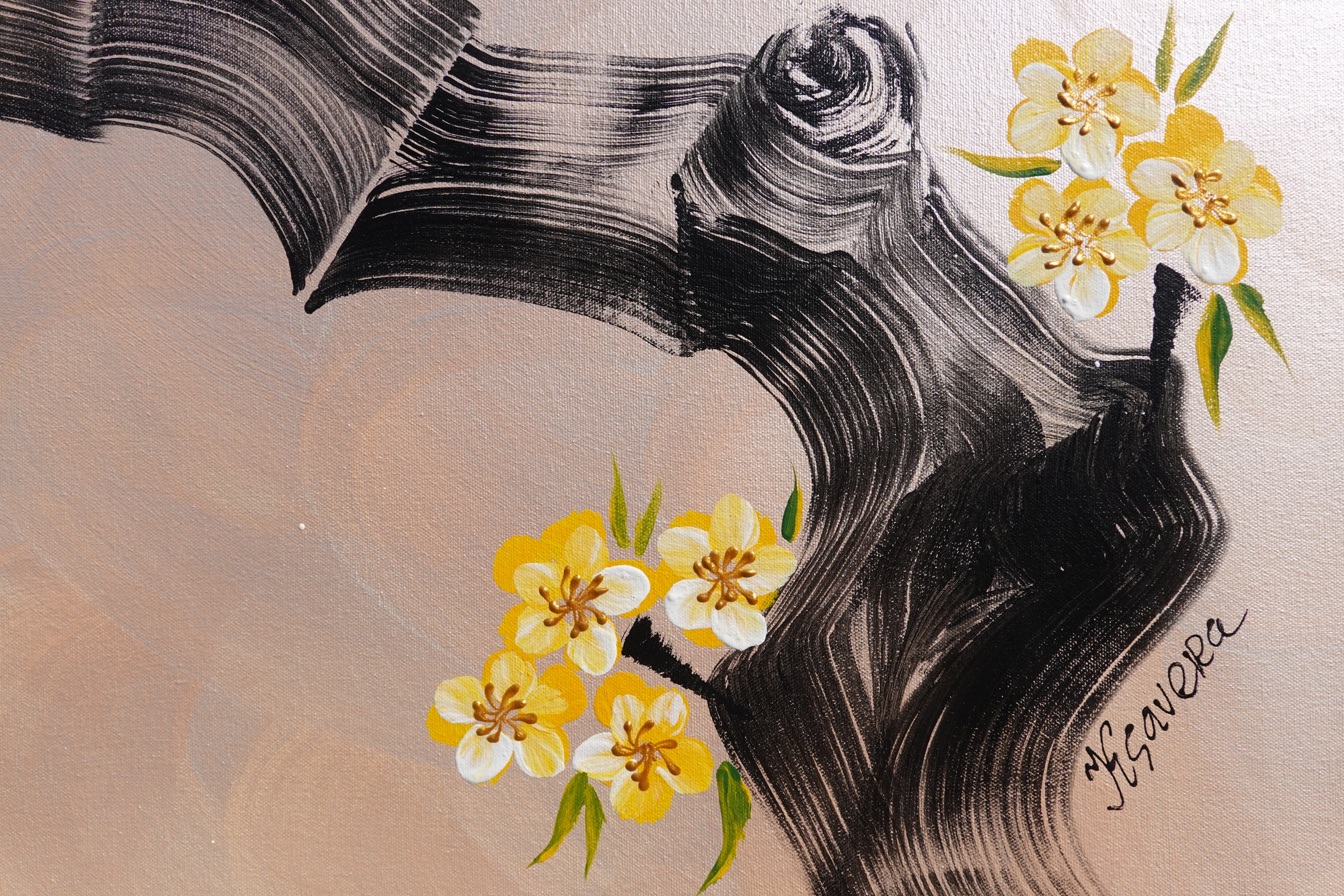Love Birds and Sakura J507 — pearl peach Japanese Painting | Large Acrylic on Canvas | Ksavera