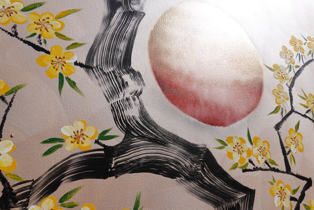 Love Birds and Sakura J507 — pearl peach Japanese Painting | Large Acrylic on Canvas | Ksavera