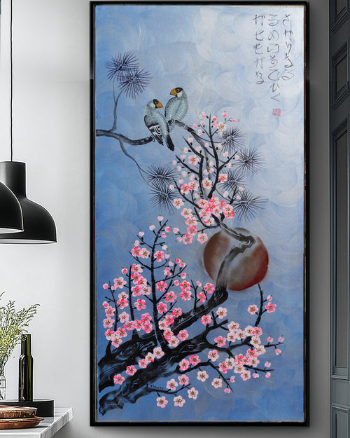 Love Birds and Sakura J508 — pearl blue Japanese Painting | Large Acrylic on Canvas | Ksavera