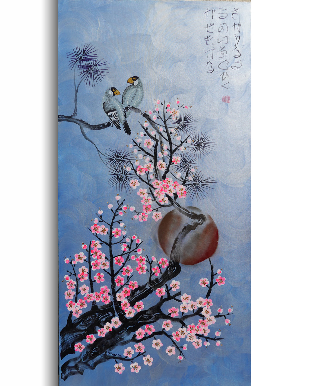 Love Birds and Sakura J508 — pearl blue Japanese Painting | Large Acrylic on Canvas | Ksavera