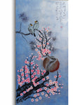 Love Birds and Sakura J508 — pearl blue Japanese Painting | Large Acrylic on Canvas | Ksavera