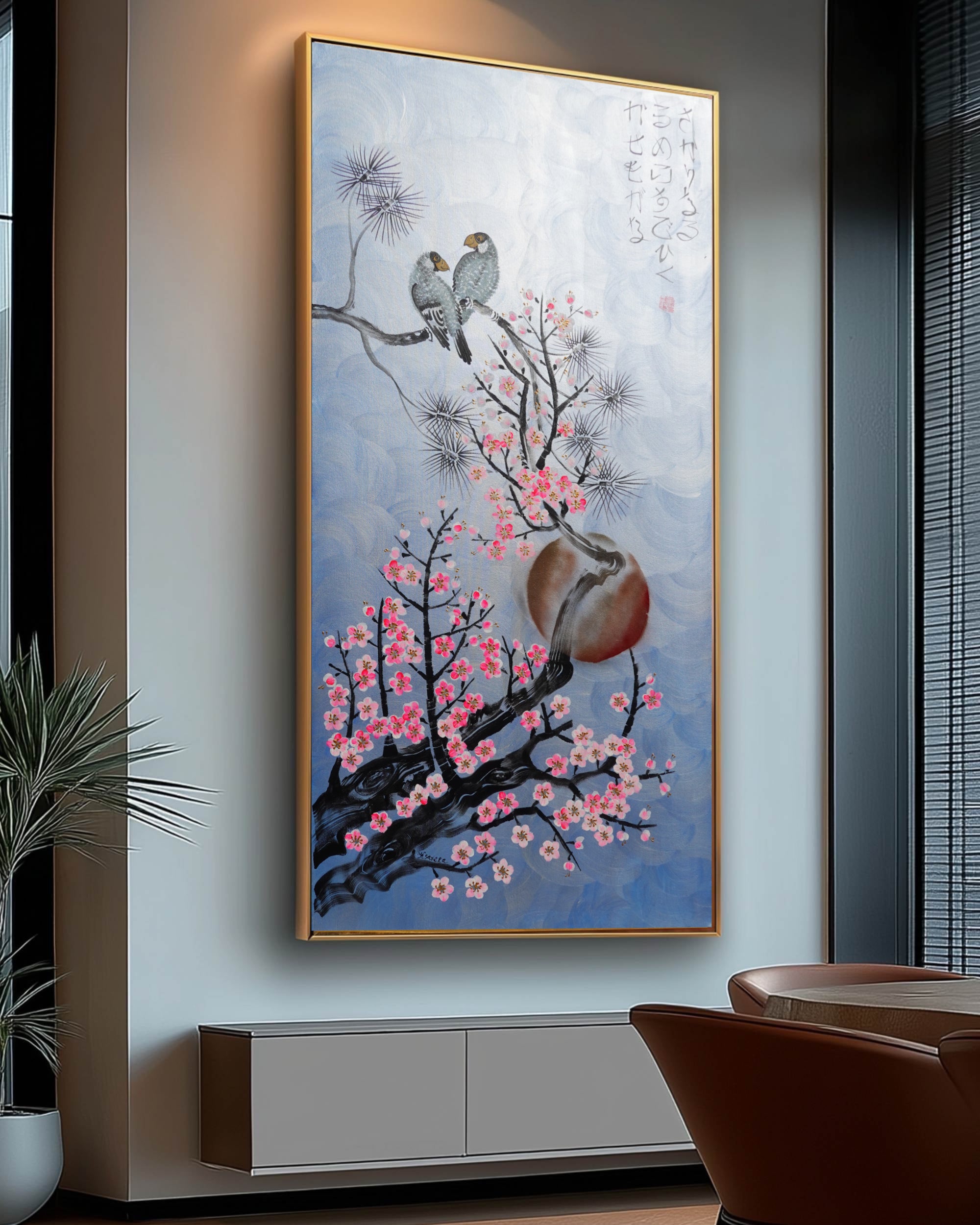 Love Birds and Sakura J508 — pearl blue Japanese Painting | Large Acrylic on Canvas | Ksavera