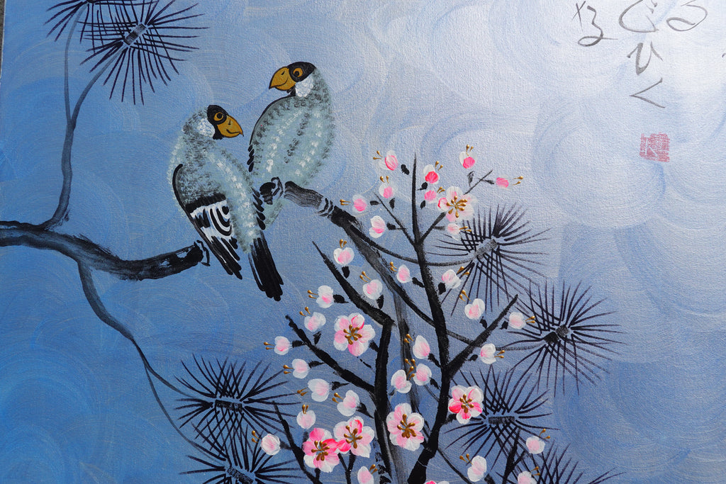 Love Birds and Sakura J508 — pearl blue Japanese Painting | Large Acrylic on Canvas | Ksavera