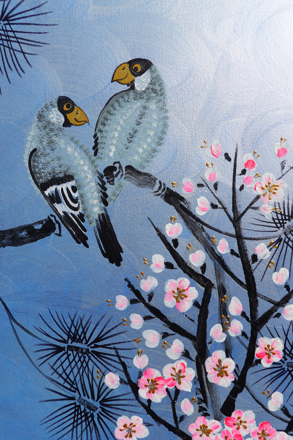 Love Birds and Sakura J508 — pearl blue Japanese Painting | Large Acrylic on Canvas | Ksavera
