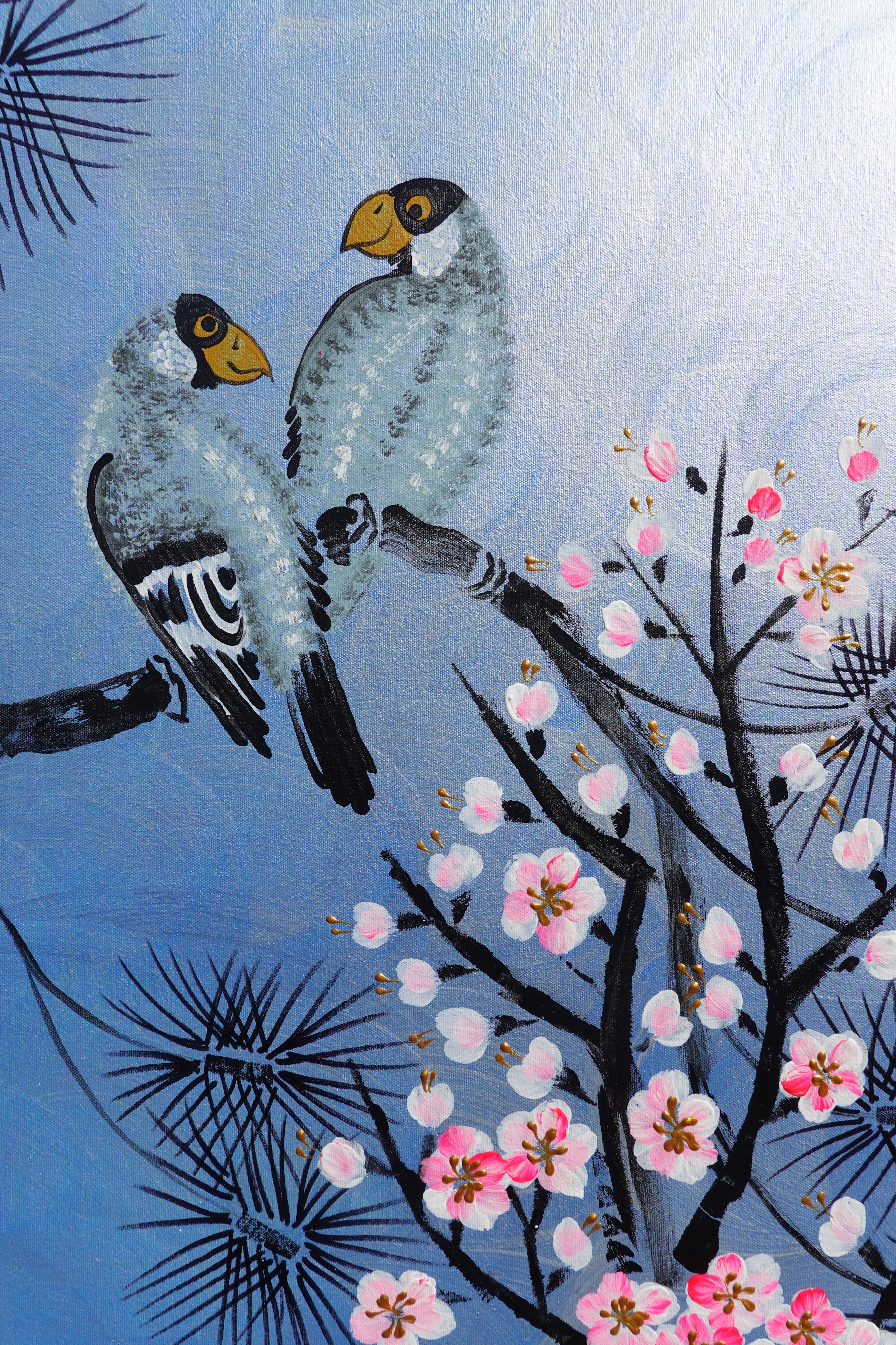 Love Birds and Sakura J508 — pearl blue Japanese Painting | Large Acrylic on Canvas | Ksavera