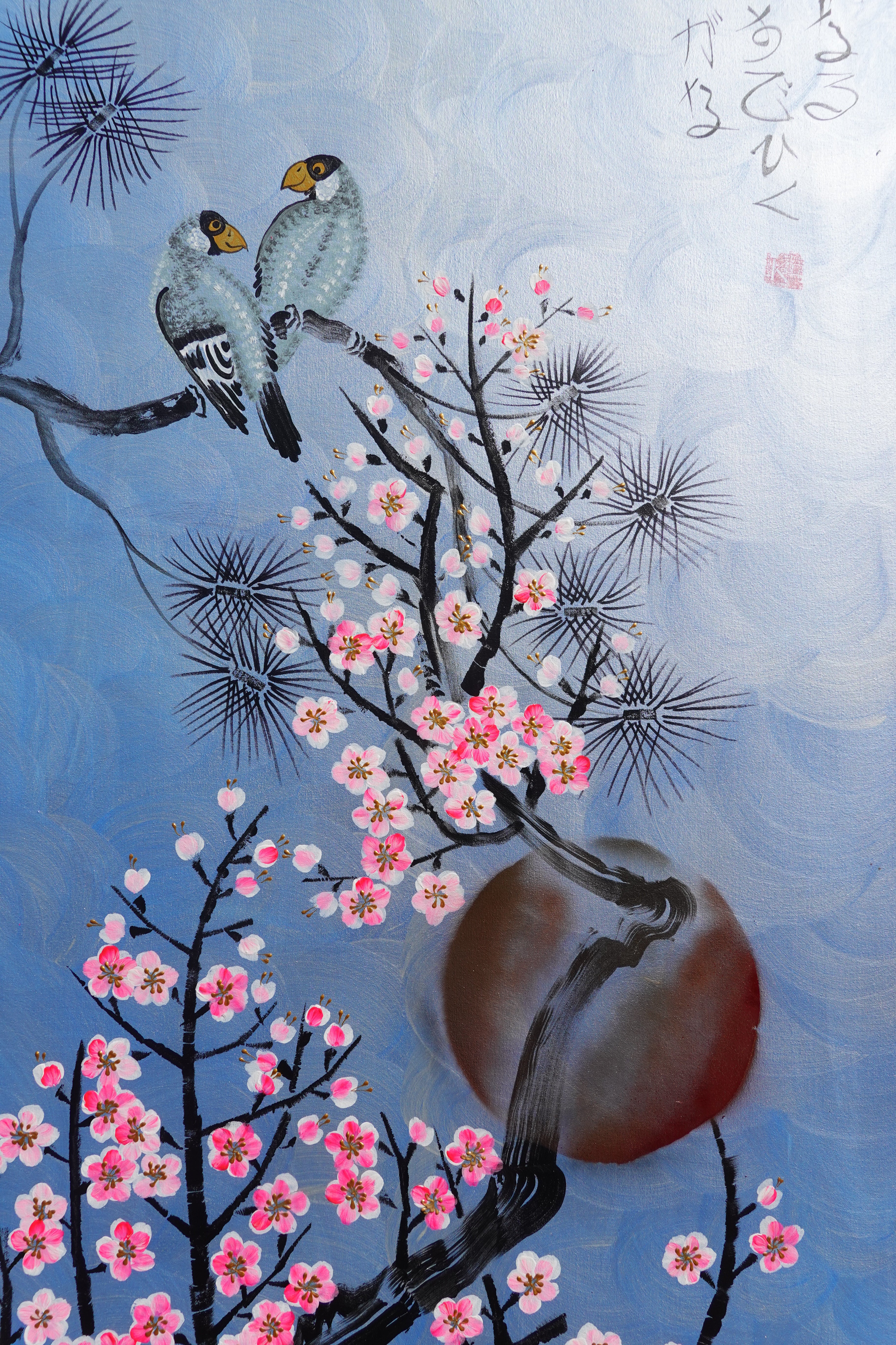 Love Birds and Sakura J508 — pearl blue Japanese Painting | Large Acrylic on Canvas | Ksavera