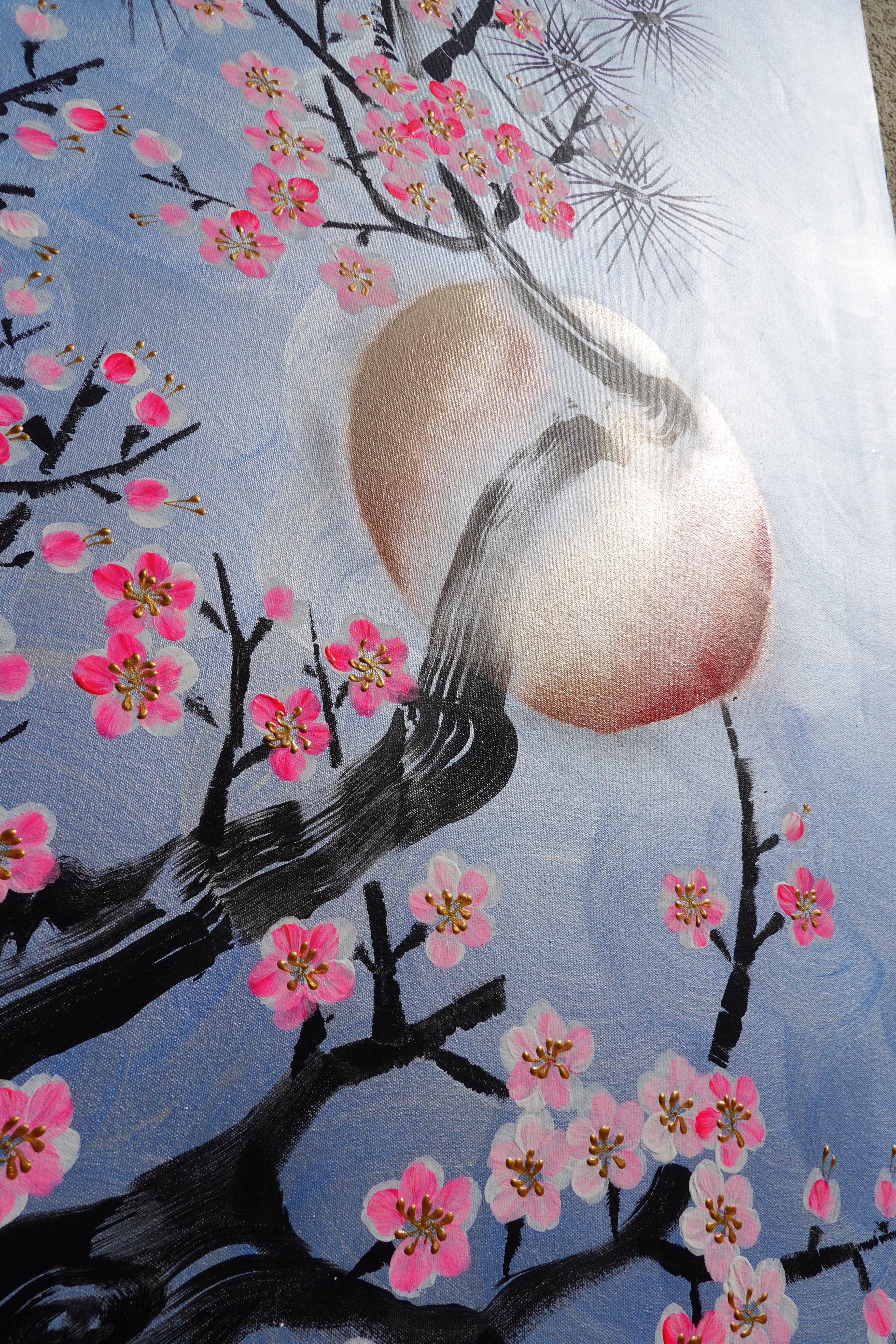 Love Birds and Sakura J508 — pearl blue Japanese Painting | Large Acrylic on Canvas | Ksavera