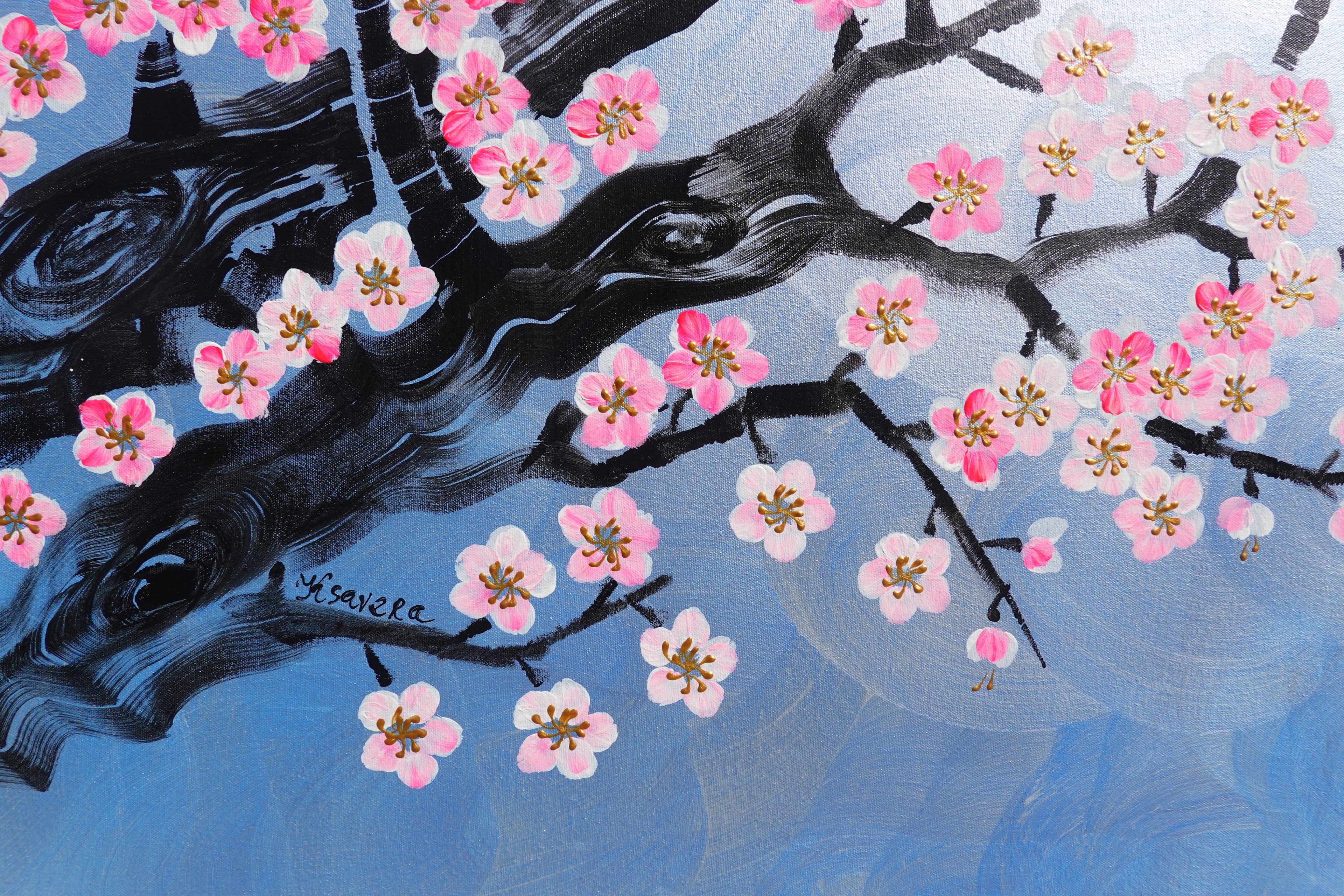 Love Birds and Sakura J508 — pearl blue Japanese Painting | Large Acrylic on Canvas | Ksavera