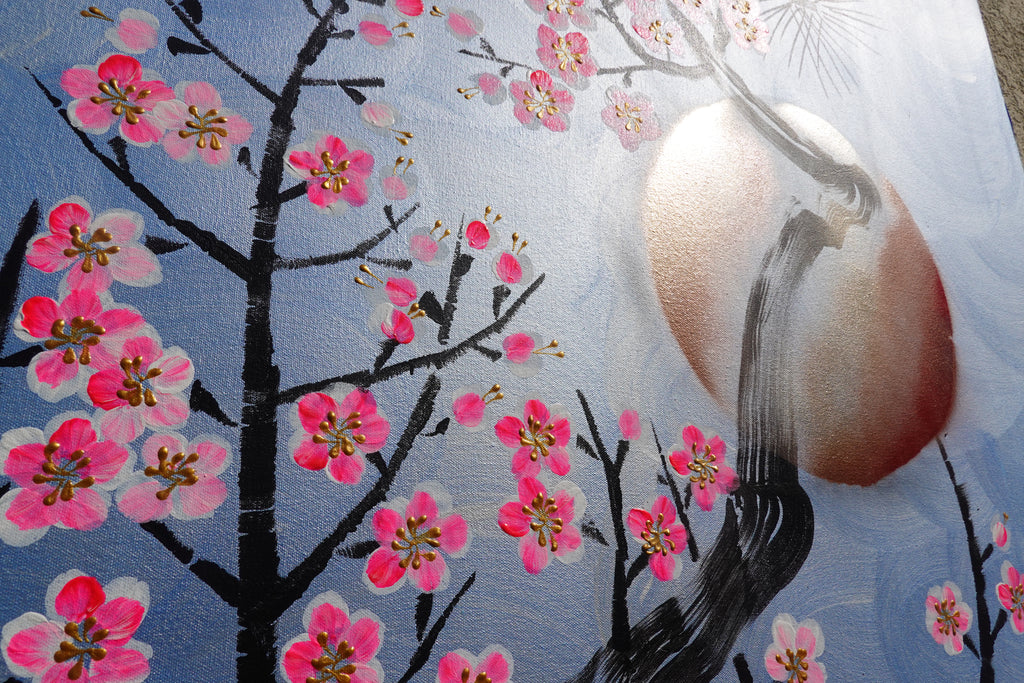 Love Birds and Sakura J508 — pearl blue Japanese Painting | Large Acrylic on Canvas | Ksavera