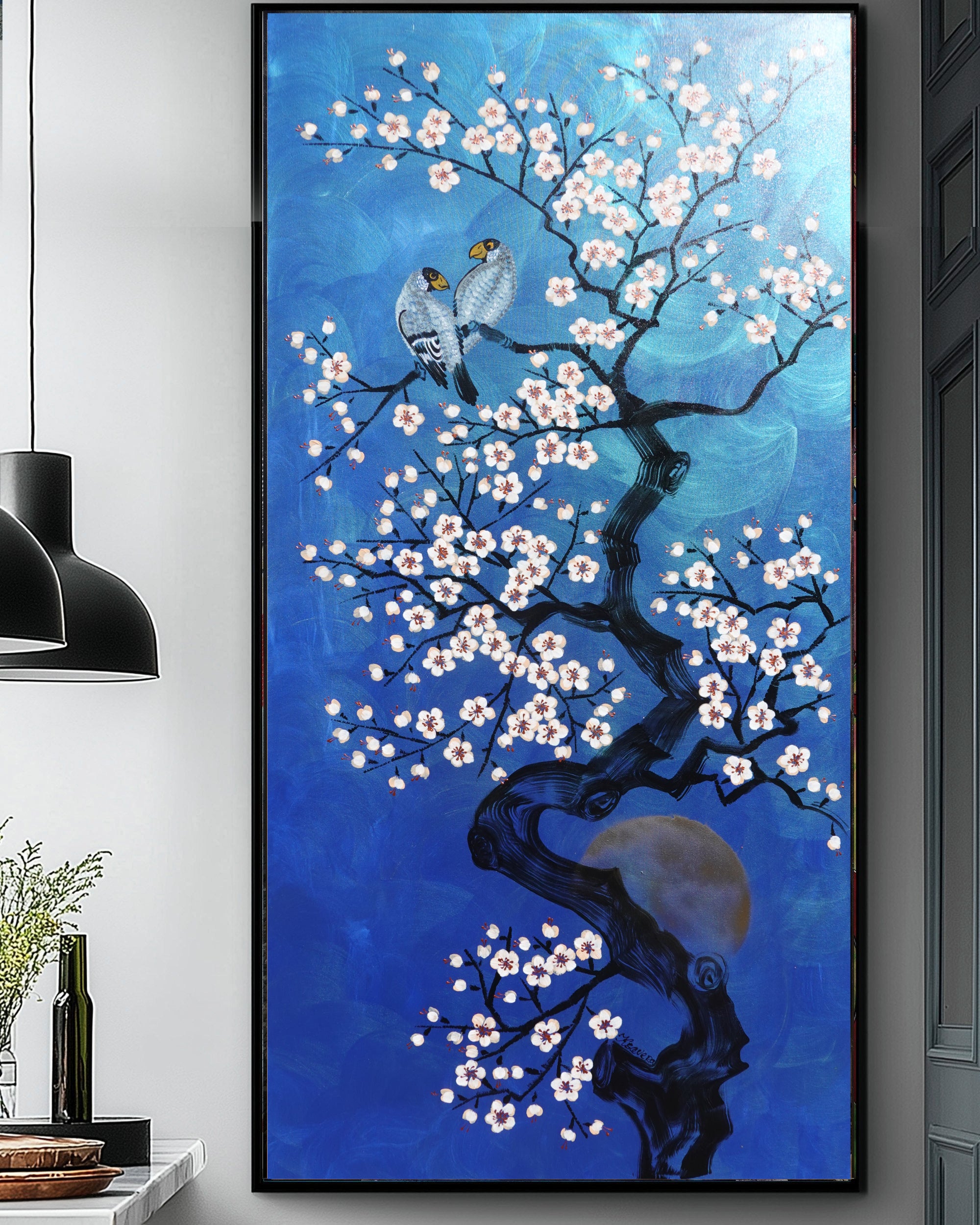 Love Birds and Sakura J509 — pearlescent blue Japanese Painting | Large Acrylic on Canvas | Ksavera