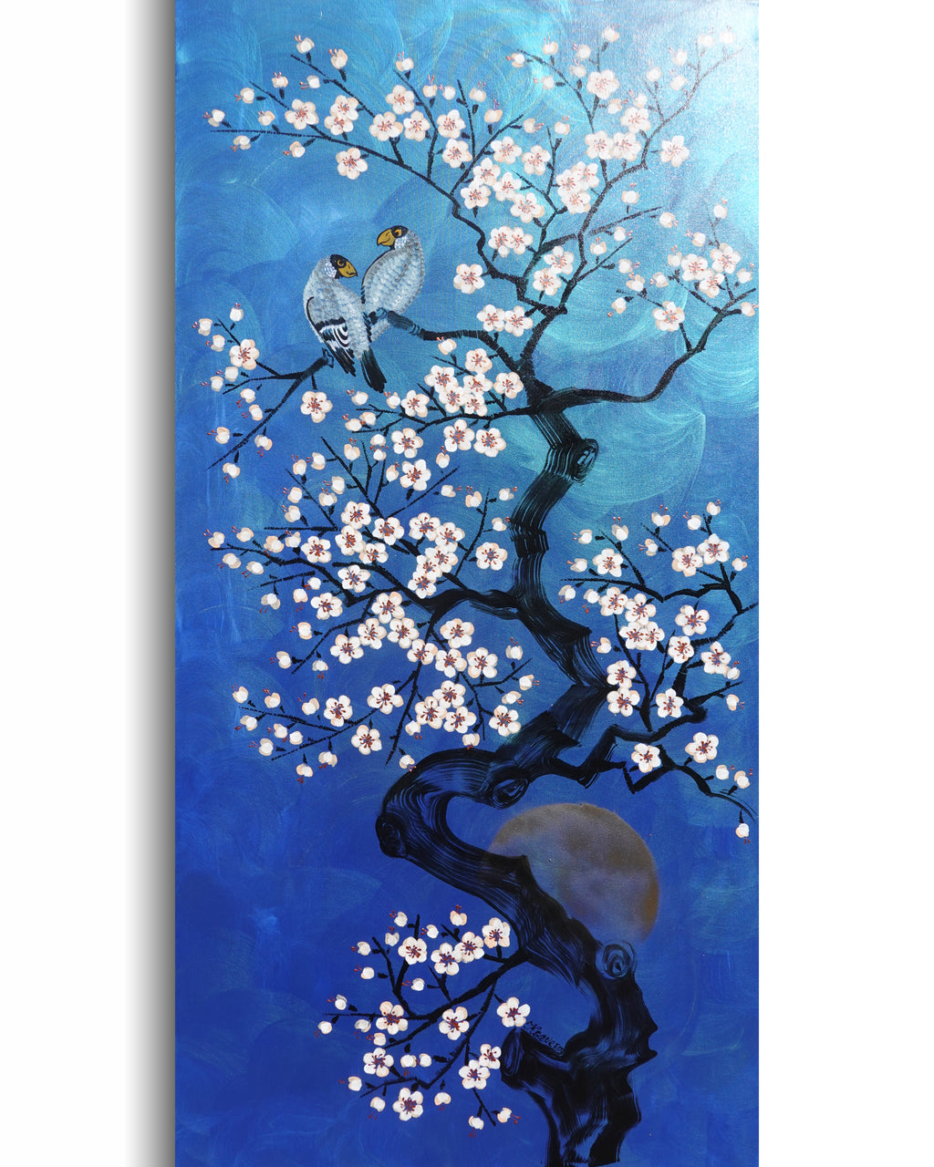 Love Birds and Sakura J509 — pearlescent blue Japanese Painting | Large Acrylic on Canvas | Ksavera
