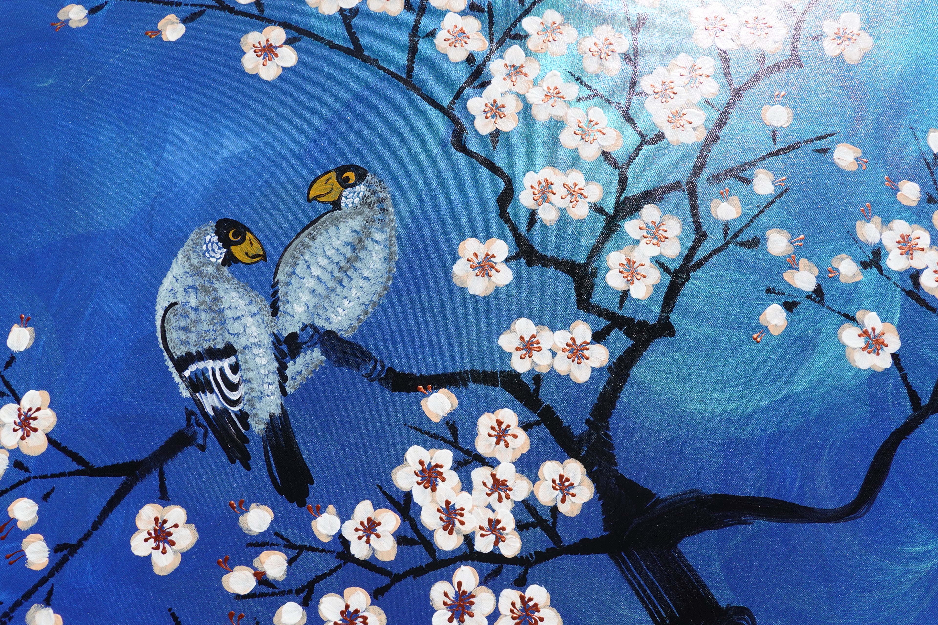 Love Birds and Sakura J509 — pearlescent blue Japanese Painting | Large Acrylic on Canvas | Ksavera
