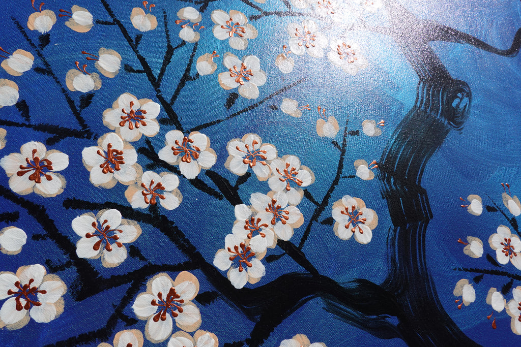 Love Birds and Sakura J509 — pearlescent blue Japanese Painting | Large Acrylic on Canvas | Ksavera