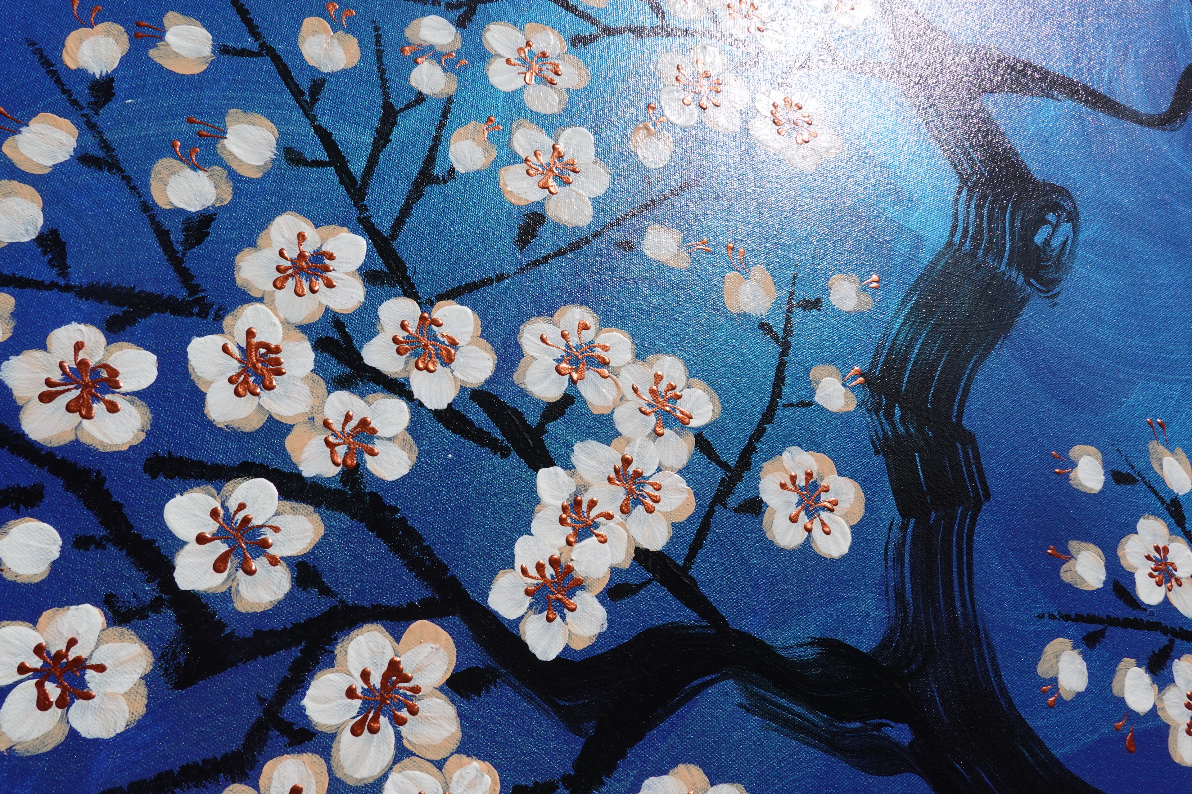 Love Birds and Sakura J509 — pearlescent blue Japanese Painting | Large Acrylic on Canvas | Ksavera