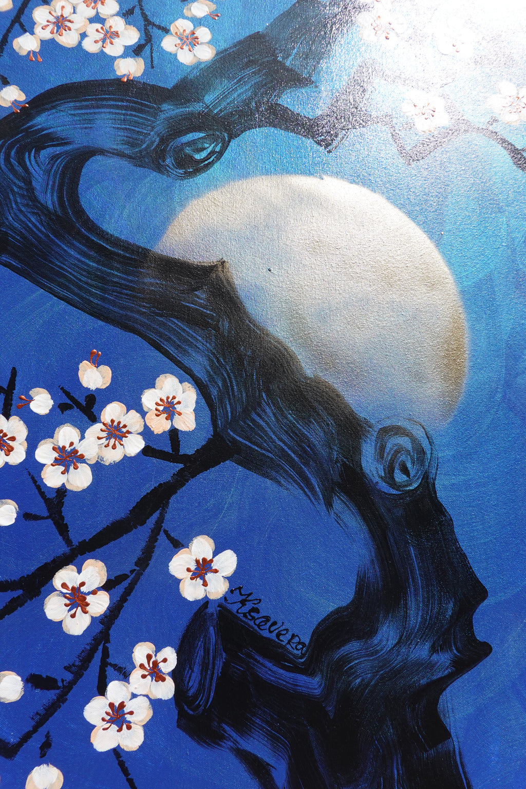 Love Birds and Sakura J509 — pearlescent blue Japanese Painting | Large Acrylic on Canvas | Ksavera