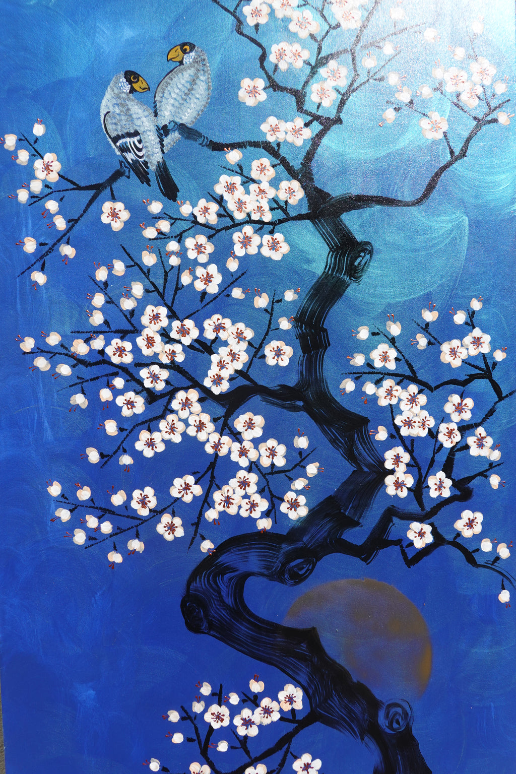 Love Birds and Sakura J509 — pearlescent blue Japanese Painting | Large Acrylic on Canvas | Ksavera