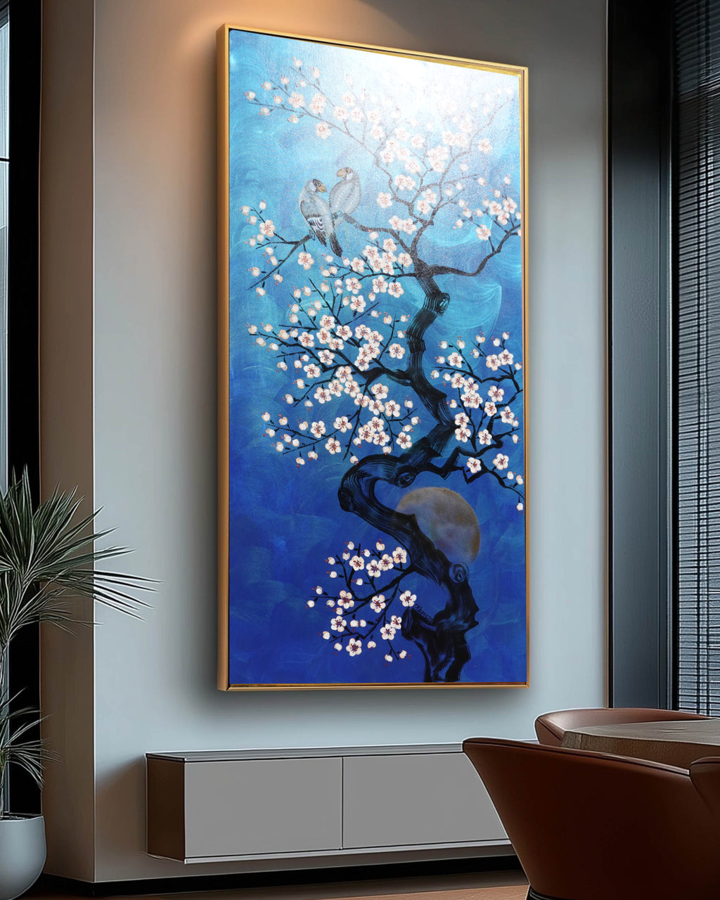 Love Birds and Sakura J509 — pearlescent blue Japanese Painting | Large Acrylic on Canvas | Ksavera