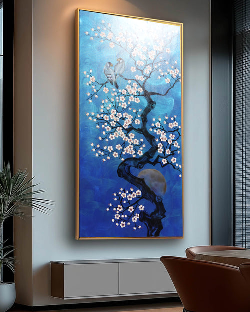 Love Birds and Sakura J509 — pearlescent blue Japanese Painting | Large Acrylic on Canvas | Ksavera