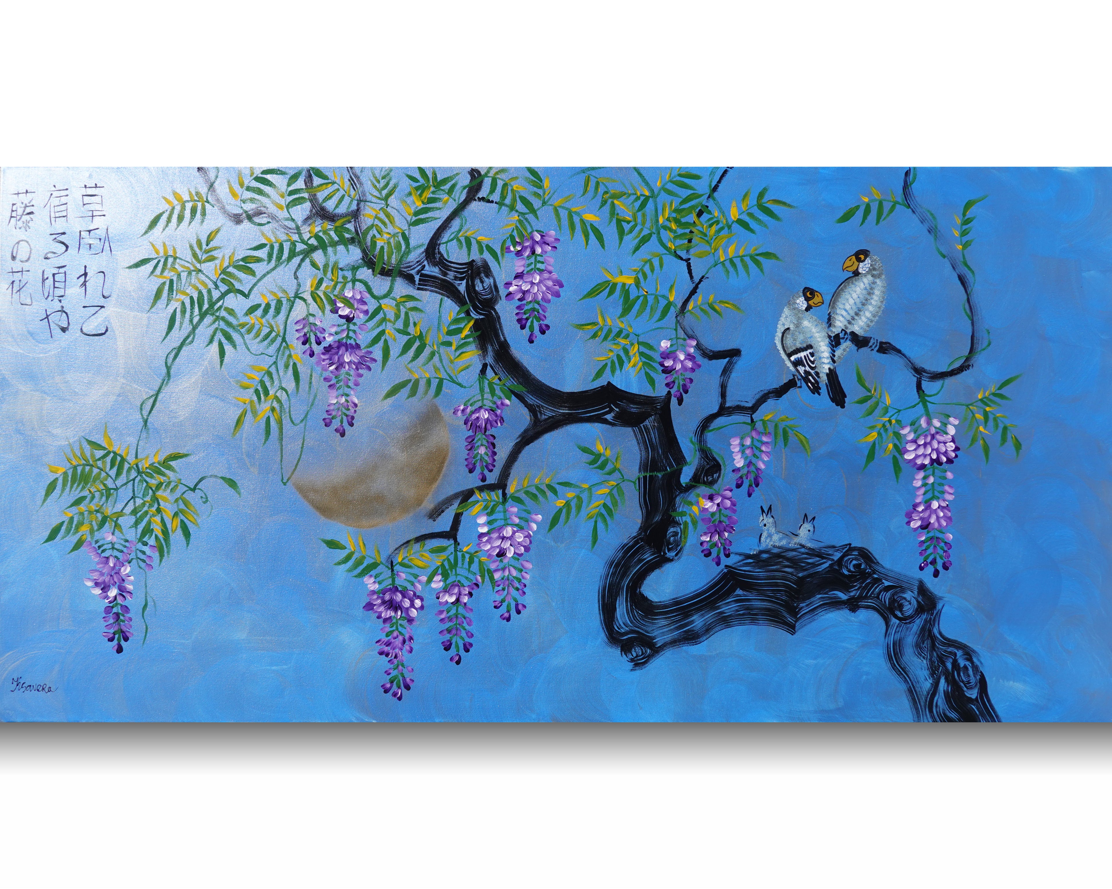 Oiseaux et glycine J513 — Peinture japonaise bleue | Grande acrylique sur toile | Ksavera
