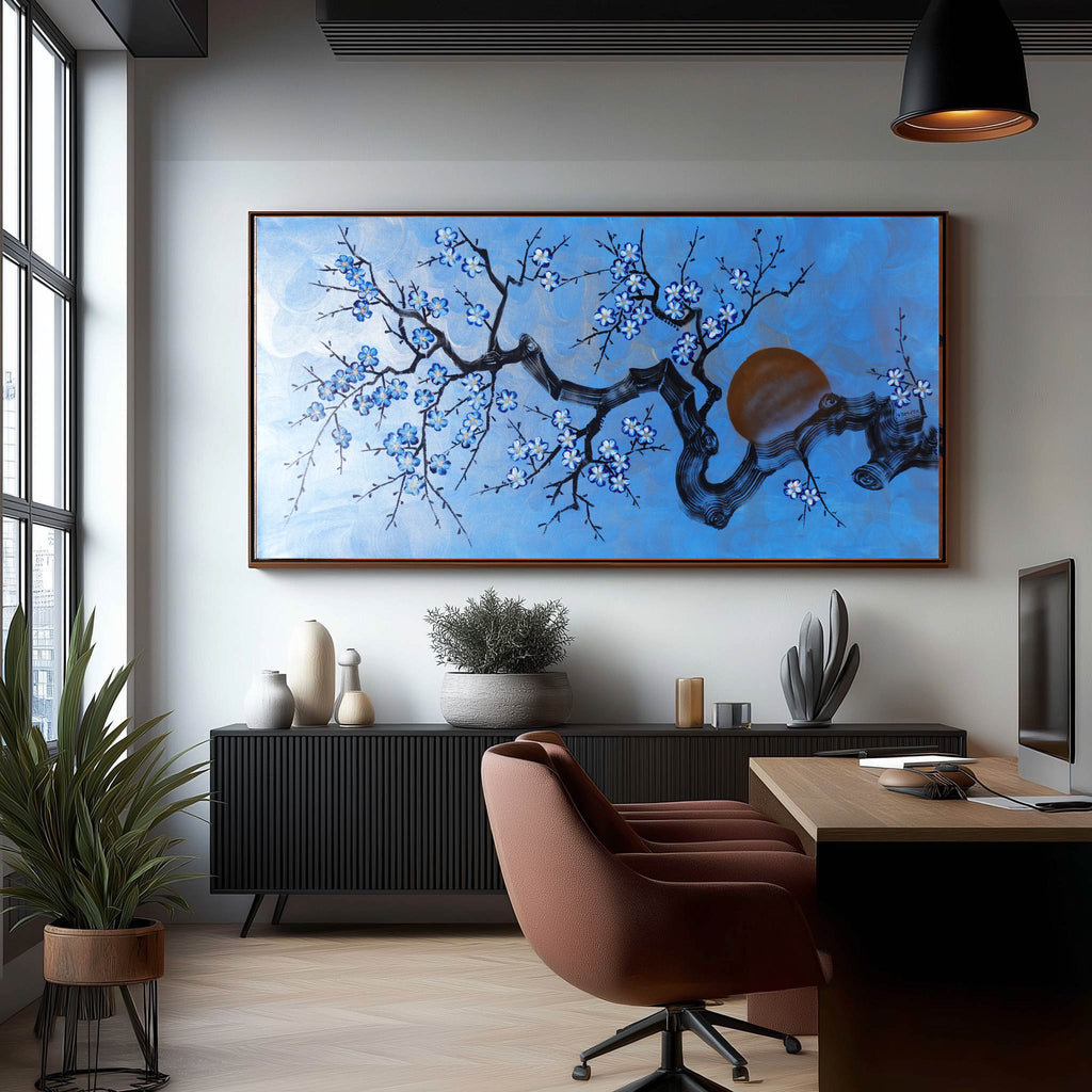 Cherry blossoms J517 — blue Japanese Painting | Large Acrylic on Canvas | Ksavera