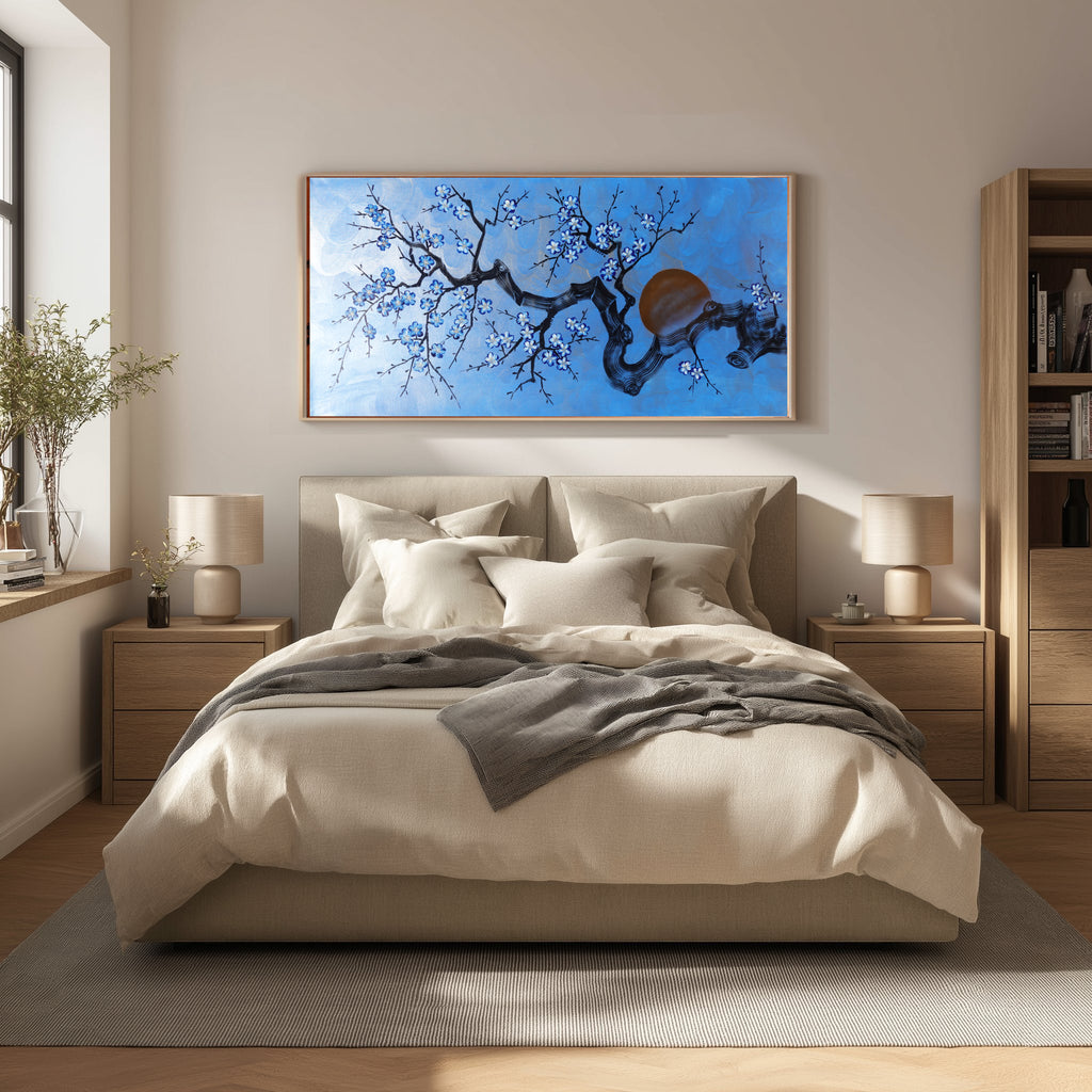 Cherry blossoms J517 — blue Japanese Painting | Large Acrylic on Canvas | Ksavera