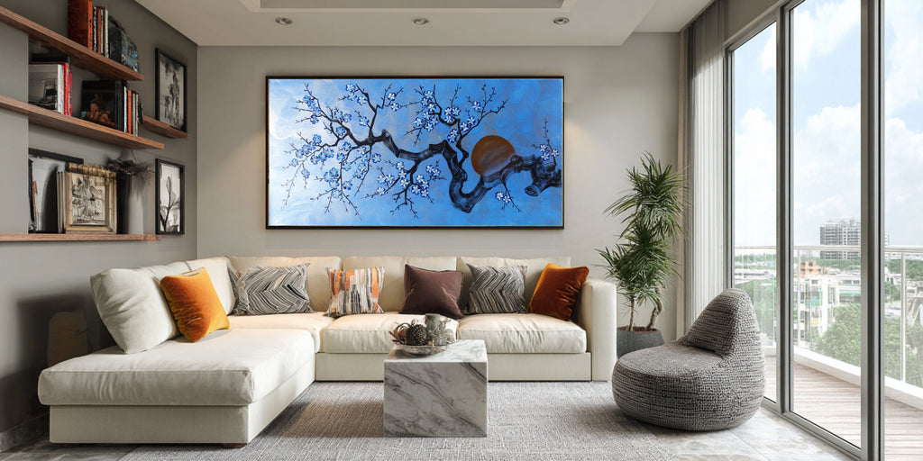 Cherry blossoms J517 — blue Japanese Painting | Large Acrylic on Canvas | Ksavera