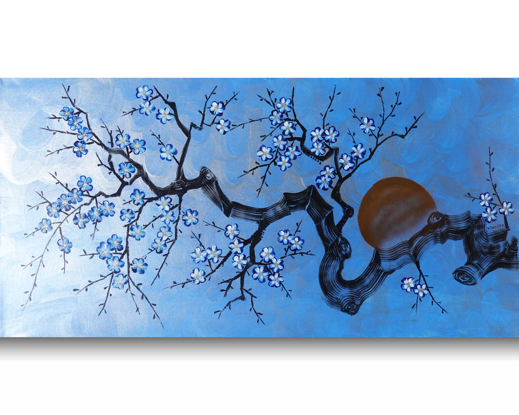 Cherry blossoms J517 — blue Japanese Painting | Large Acrylic on Canvas | Ksavera