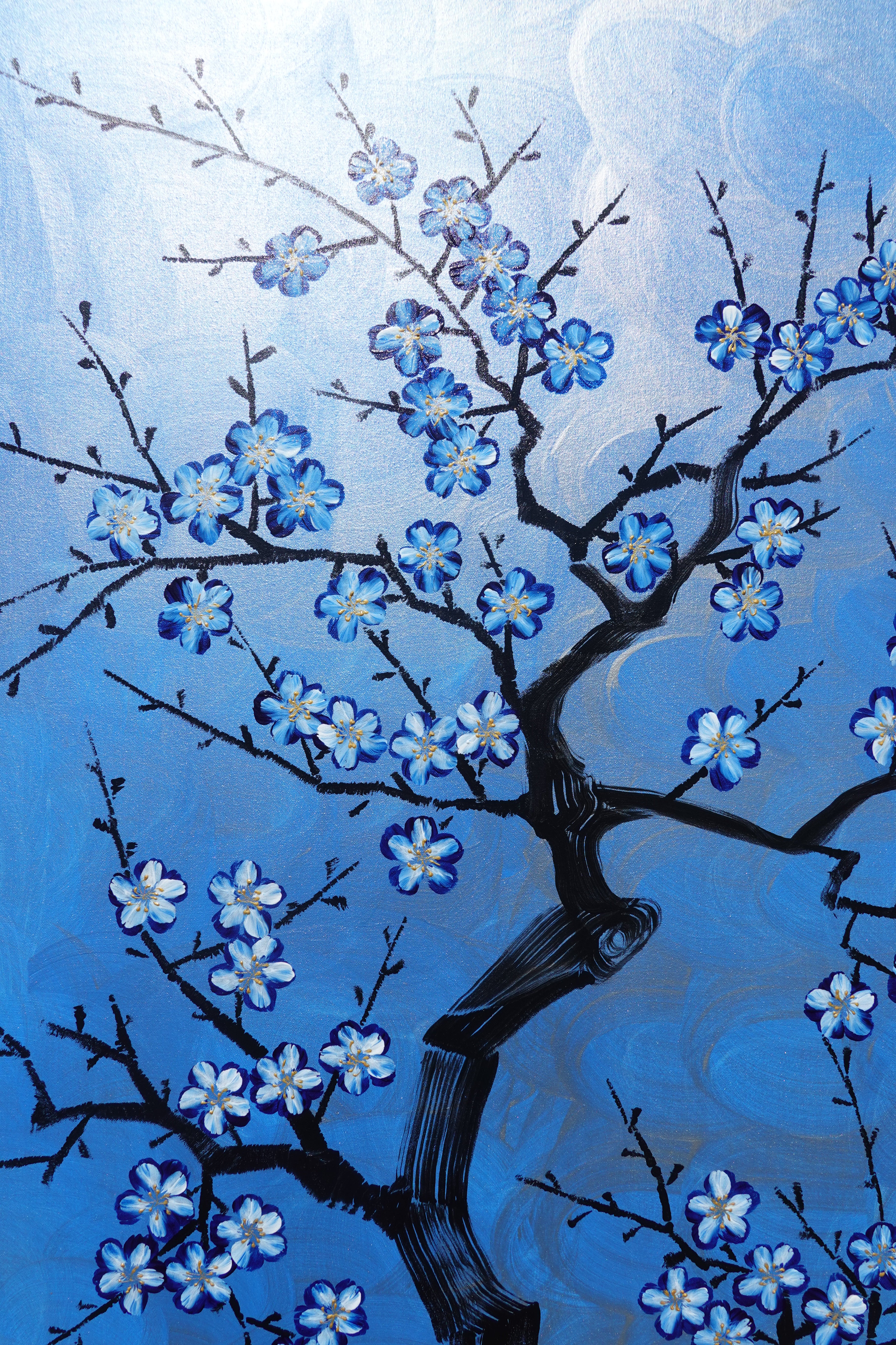 Cherry blossoms J517 — blue Japanese Painting | Large Acrylic on Canvas | Ksavera