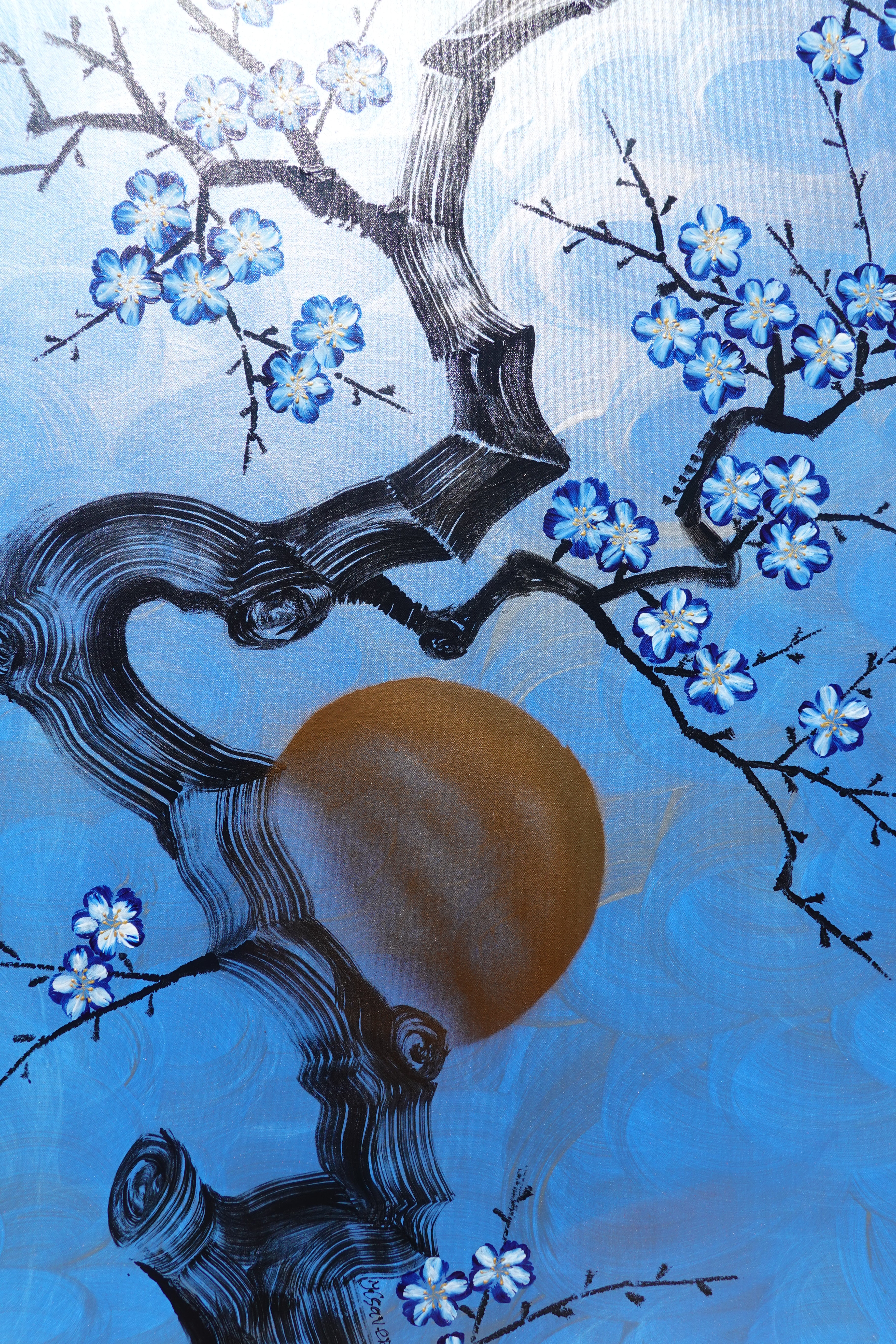 Cherry blossoms J517 — blue Japanese Painting | Large Acrylic on Canvas | Ksavera