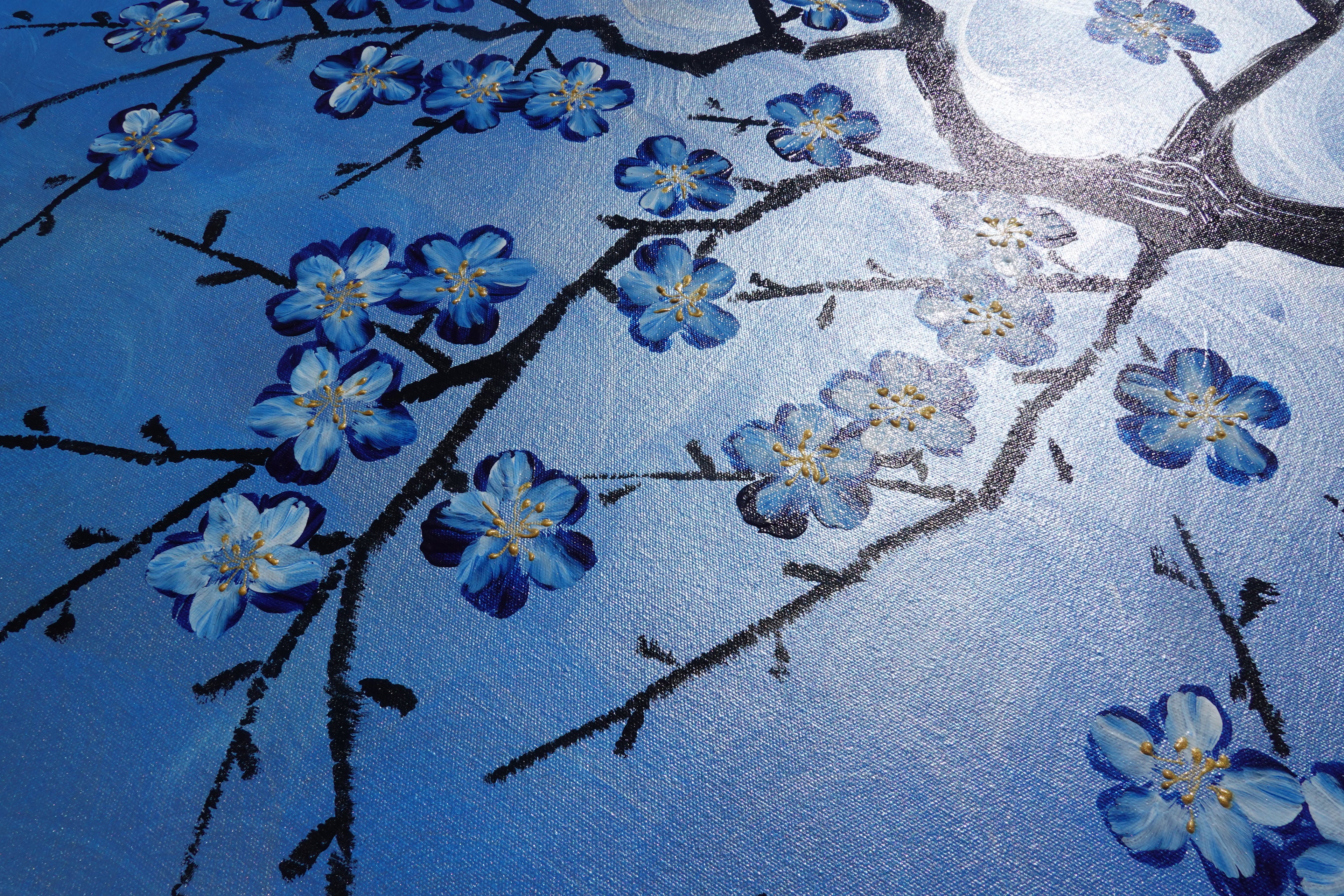 Cherry blossoms J517 — blue Japanese Painting | Large Acrylic on Canvas | Ksavera