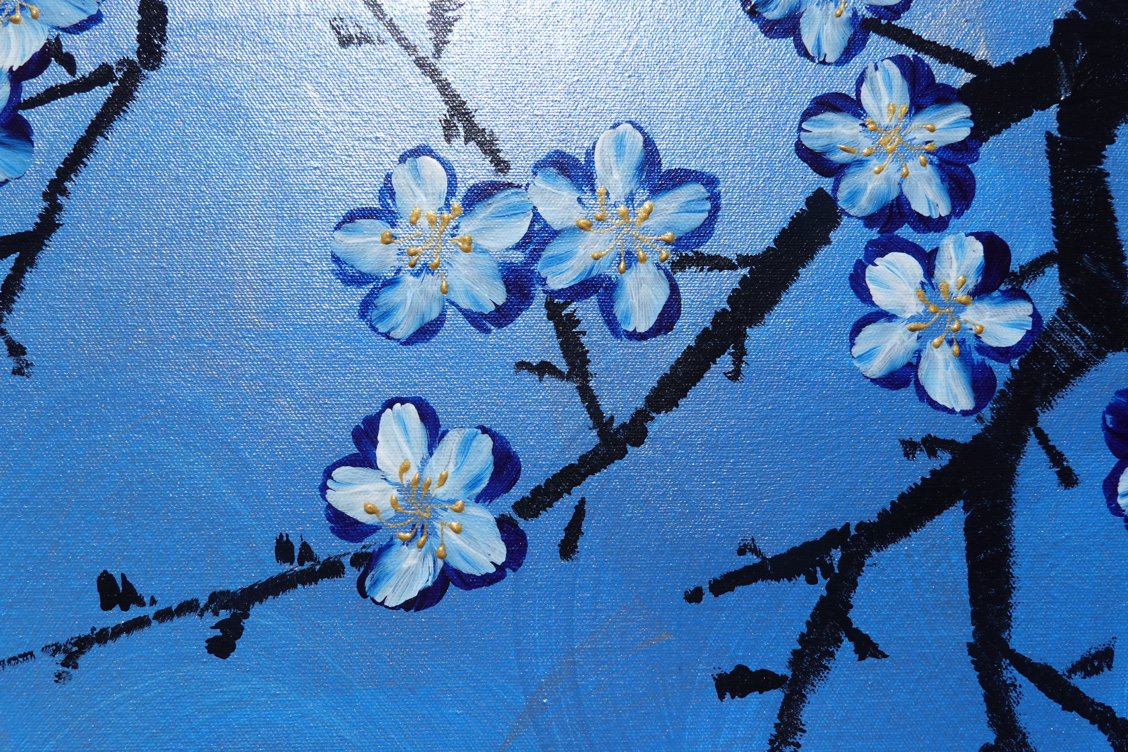 Cherry blossoms J517 — blue Japanese Painting | Large Acrylic on Canvas | Ksavera