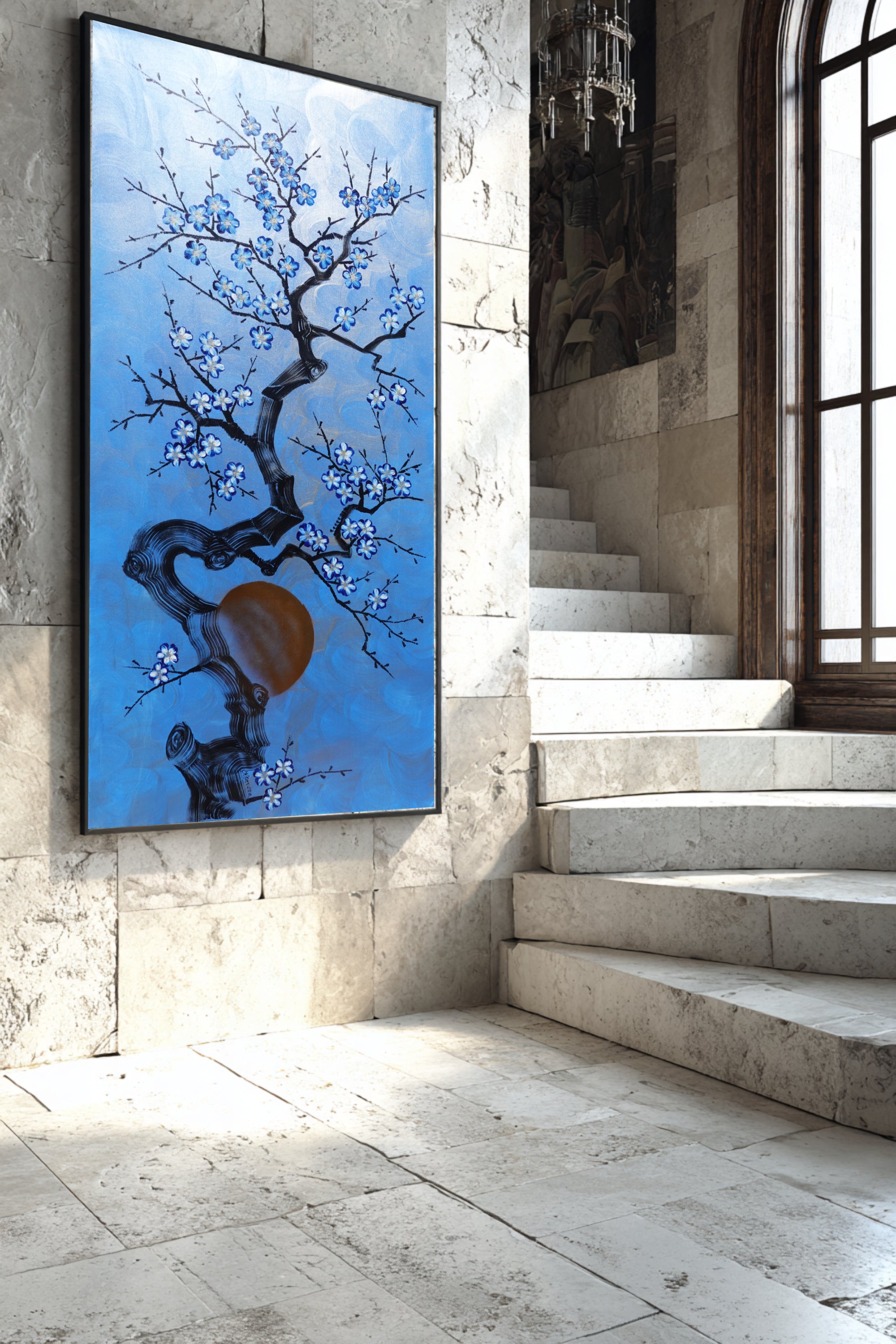 Cherry blossoms J517 — blue Japanese Painting | Large Acrylic on Canvas | Ksavera