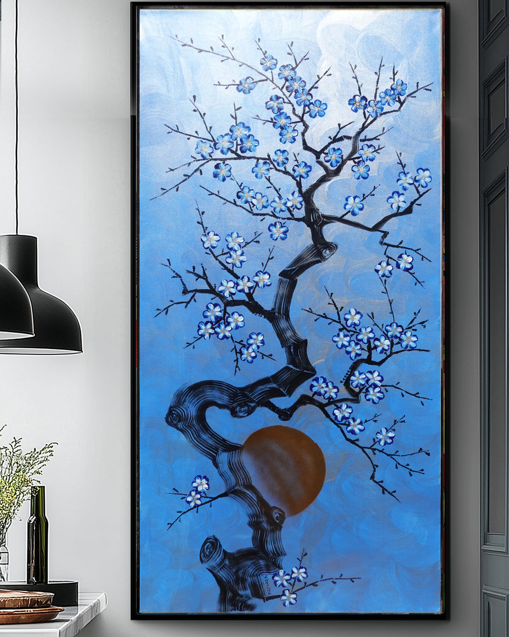 Cherry blossoms J517 — blue Japanese Painting | Large Acrylic on Canvas | Ksavera