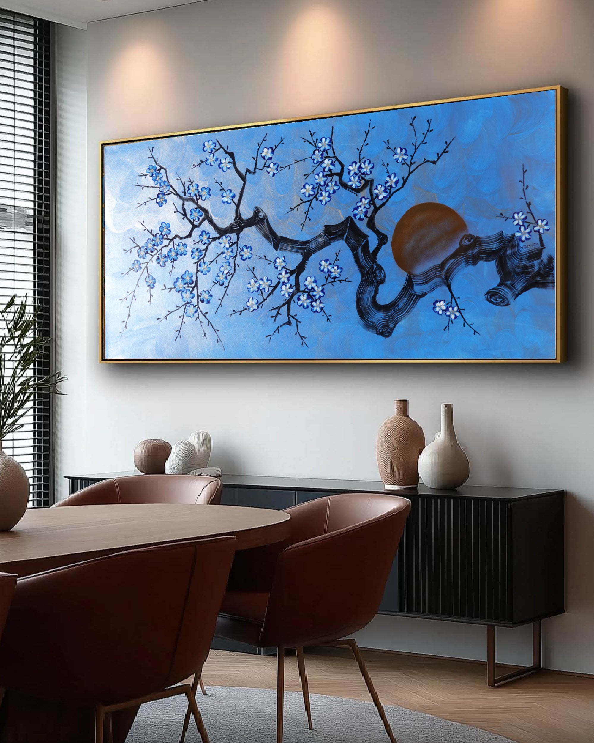 Cherry blossoms J517 — blue Japanese Painting | Large Acrylic on Canvas | Ksavera