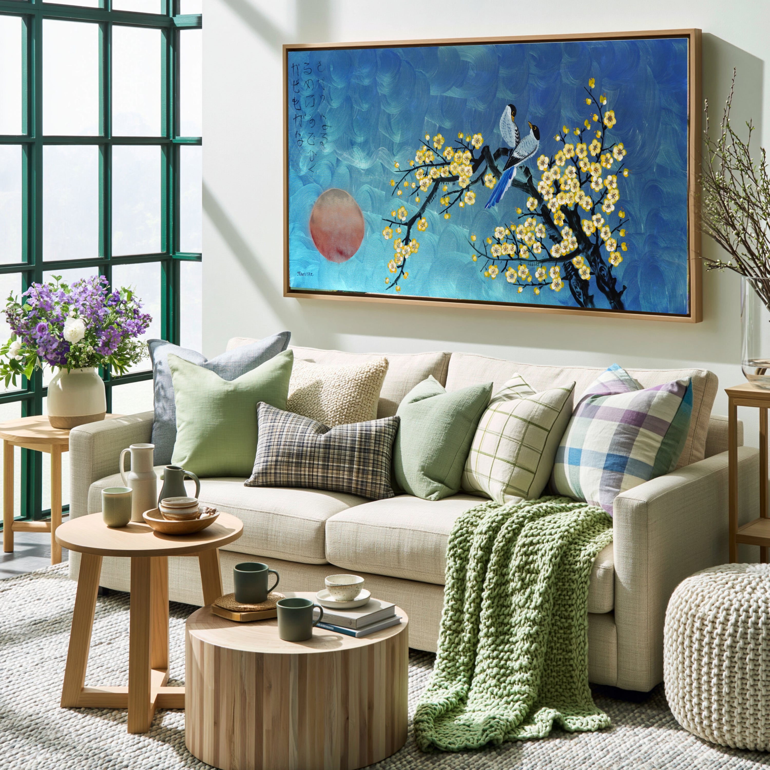 Love Birds and Sakura J489 is a large-scale Japanese-inspired turquoise emerald pearlescent painting.
Original Acrylic Painting on unstretched canvas by artist Ksavera.