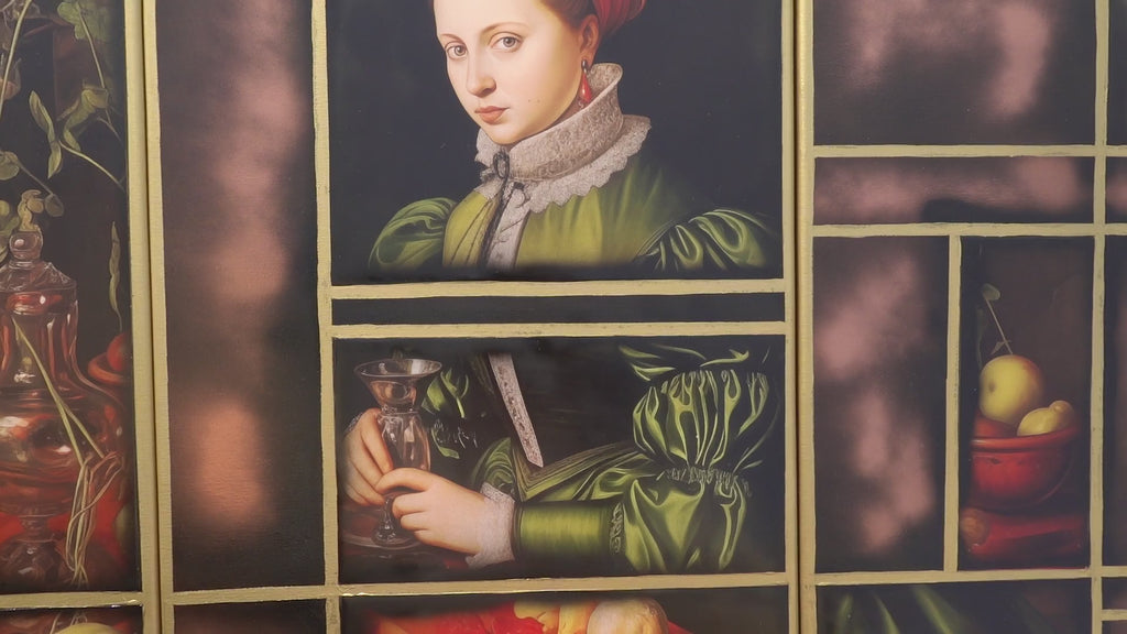 Renaissance portrait A1163 - triptych, original acrylic painting and collage on Stretched Canvas by artist Ksavera