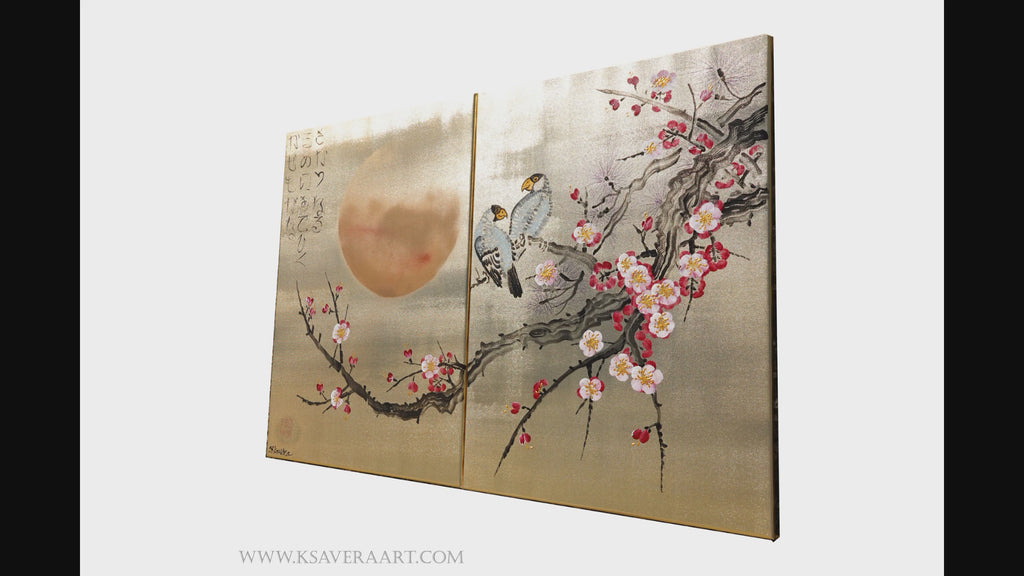 Sakura and love birds J324 is a Japanese-inspired gold diptych by Ksavera