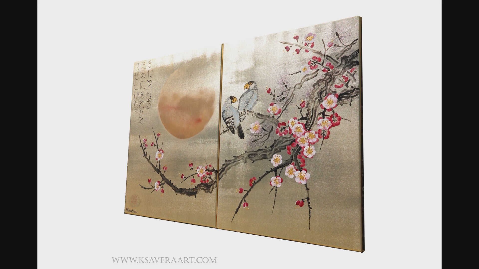 Sakura and love birds J324 is a Japanese-inspired gold diptych by Ksavera