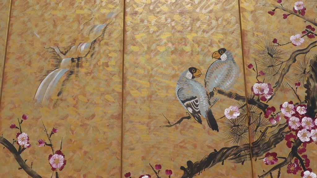 Sakura and love birds J348 Japanese gold painting - set of 4 canvases - Large gold paintings by Ksavera